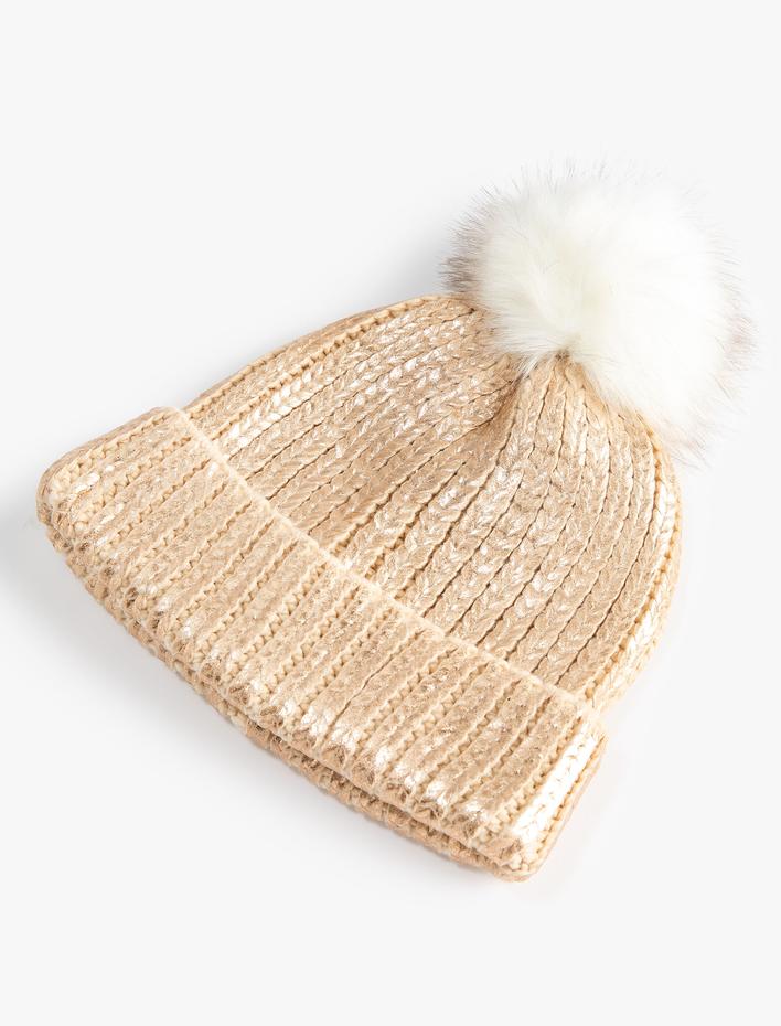 Kadın Parlak Triko Bere Lastikli Peluş Ponponlu