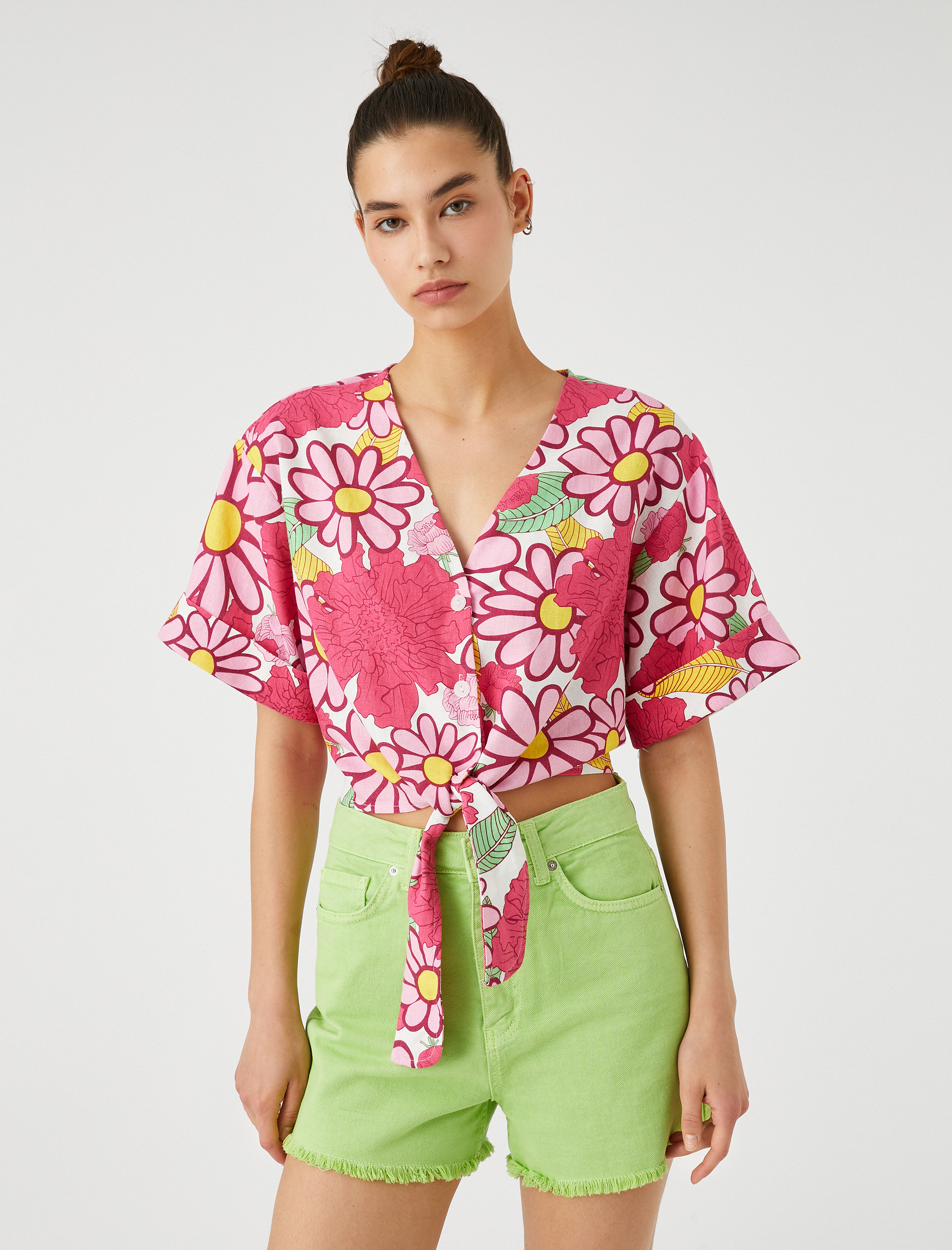   Çiçekli Gömlek Önden Bağlamalı Keten Viskon Karışımlı