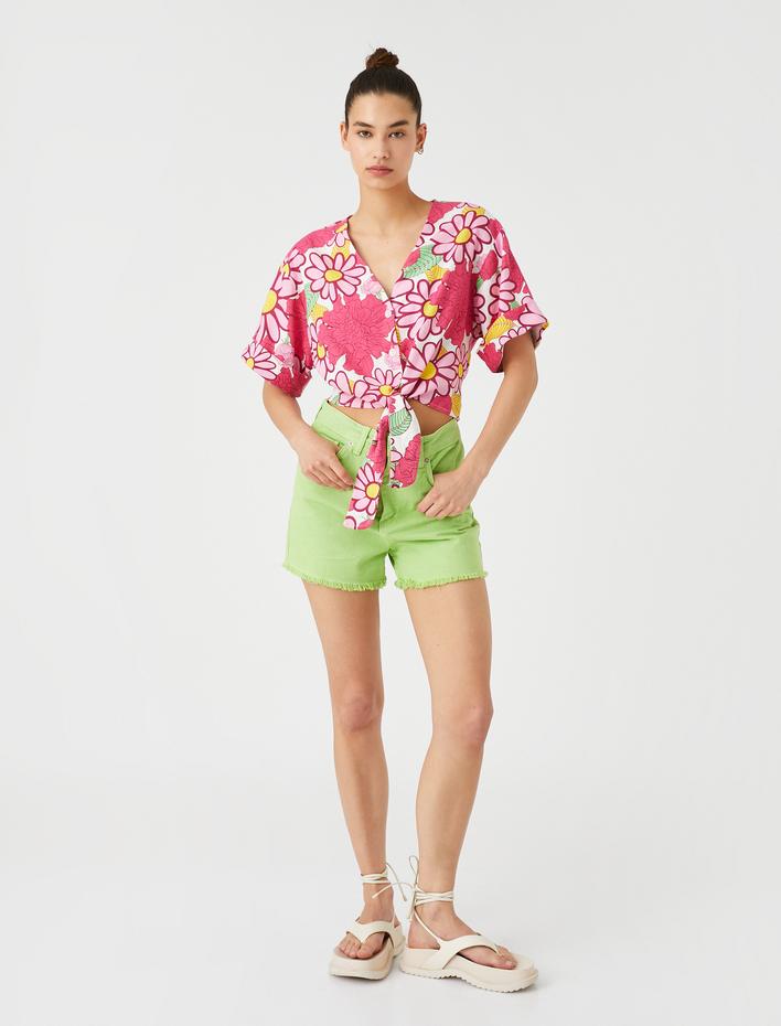  Çiçekli Gömlek Önden Bağlamalı Keten Viskon Karışımlı