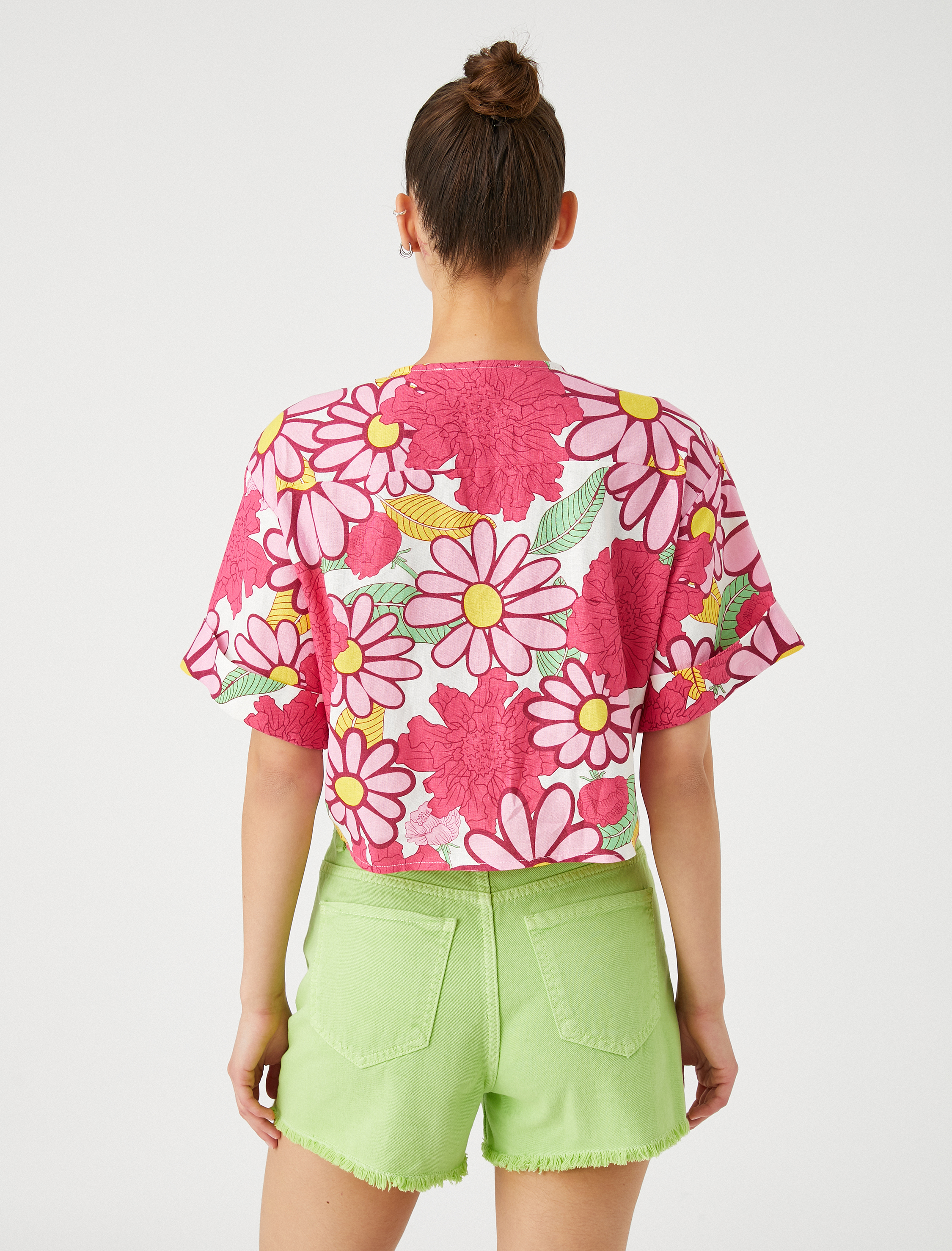   Çiçekli Gömlek Önden Bağlamalı Keten Viskon Karışımlı