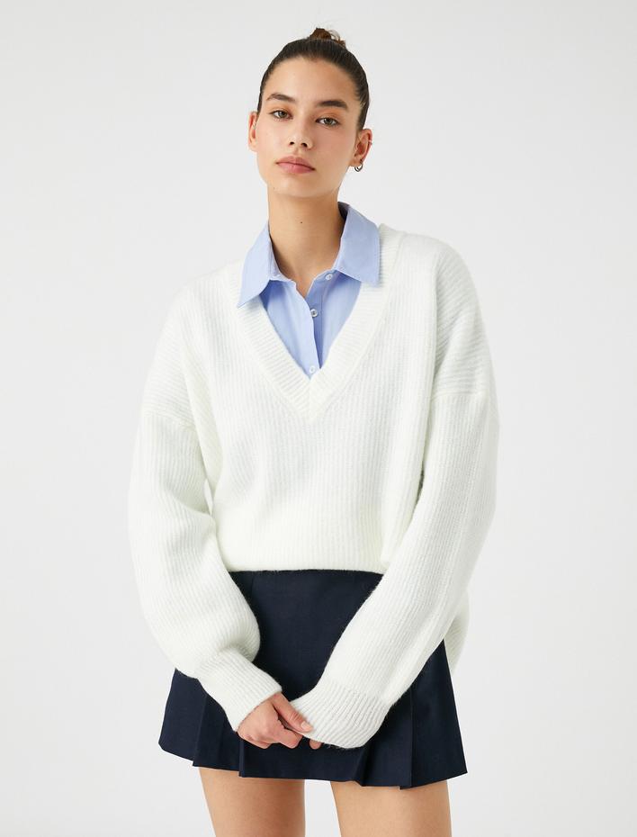  V Yaka Triko Kazak Örgü Ribanalı Uzun Kollu