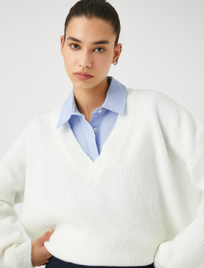  V Yaka Triko Kazak Örgü Ribanalı Uzun Kollu