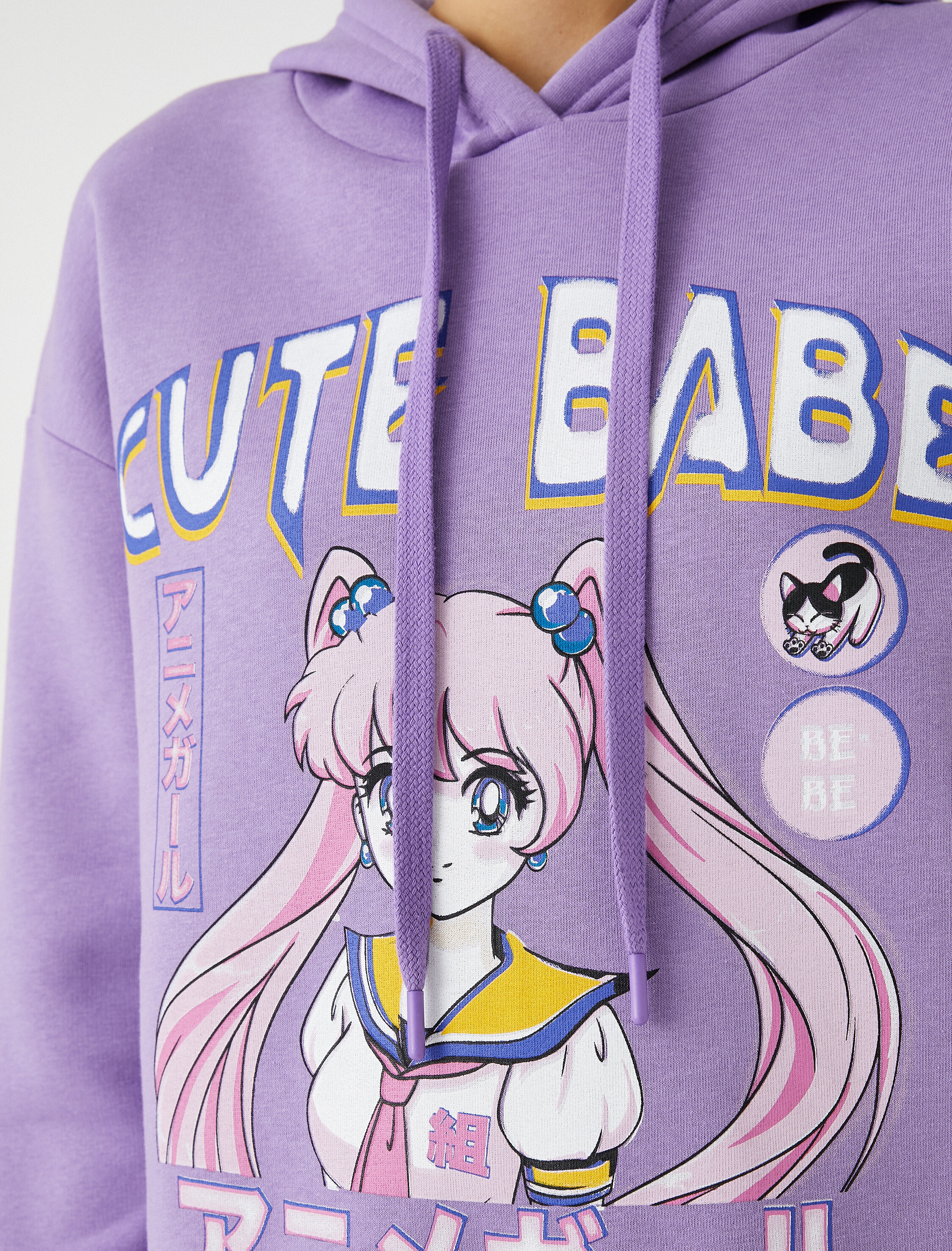   Şardonlu Anime Sweatshirt Oversize Baskılı Kapüşonlu Ribanalı