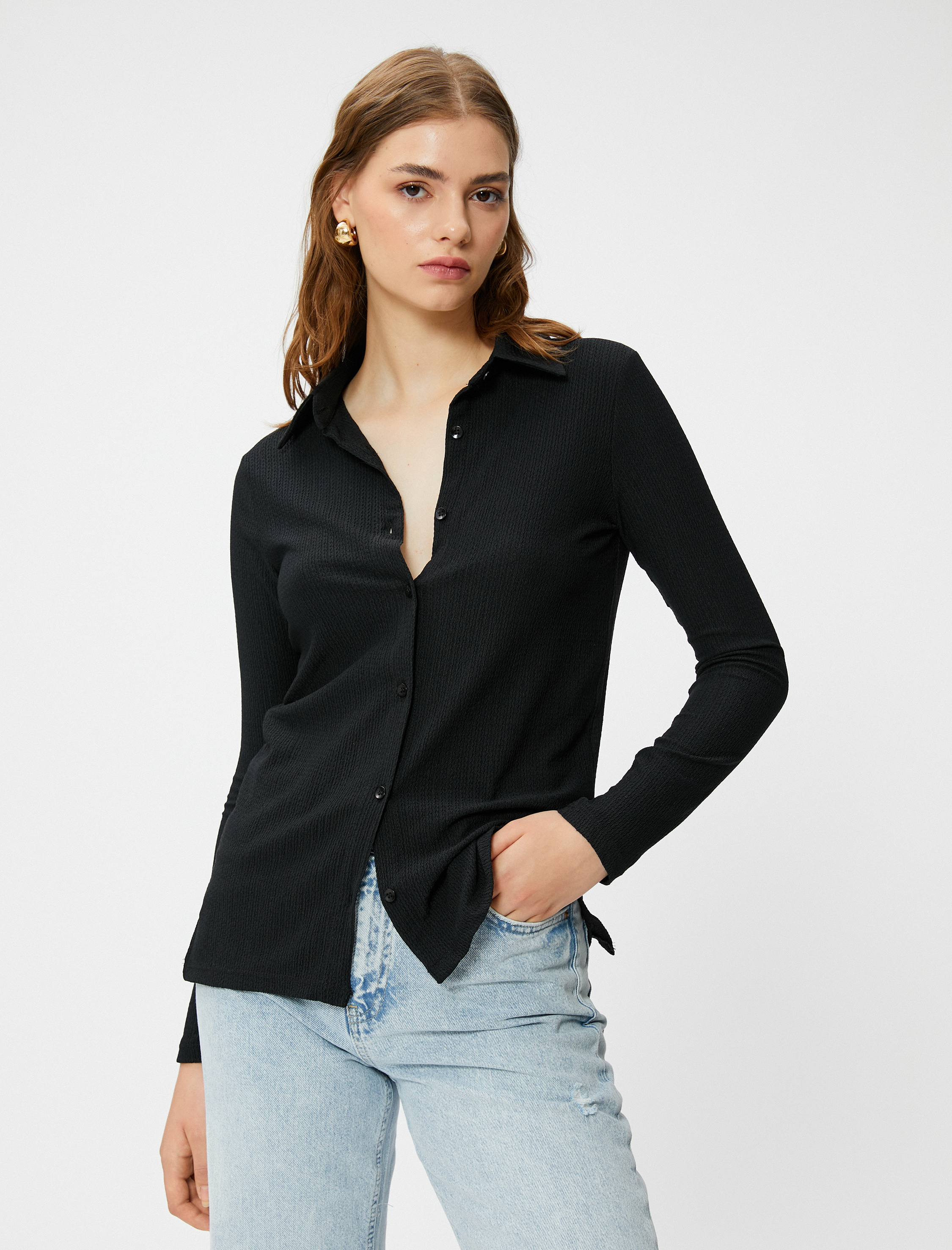   Dokulu Gömlek Uzun Kollu