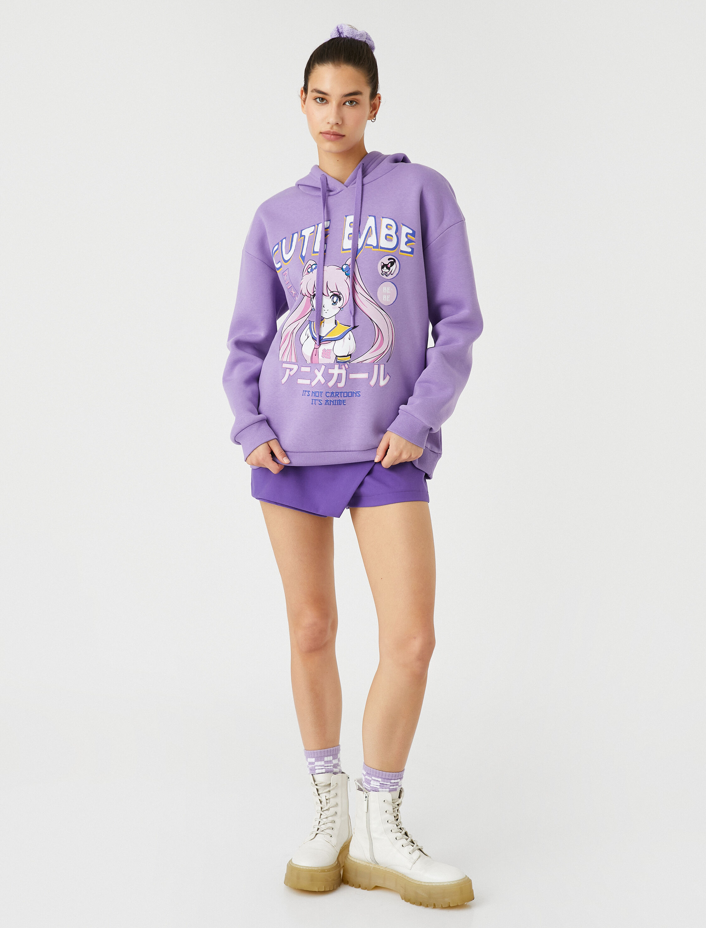   Şardonlu Anime Sweatshirt Oversize Baskılı Kapüşonlu Ribanalı