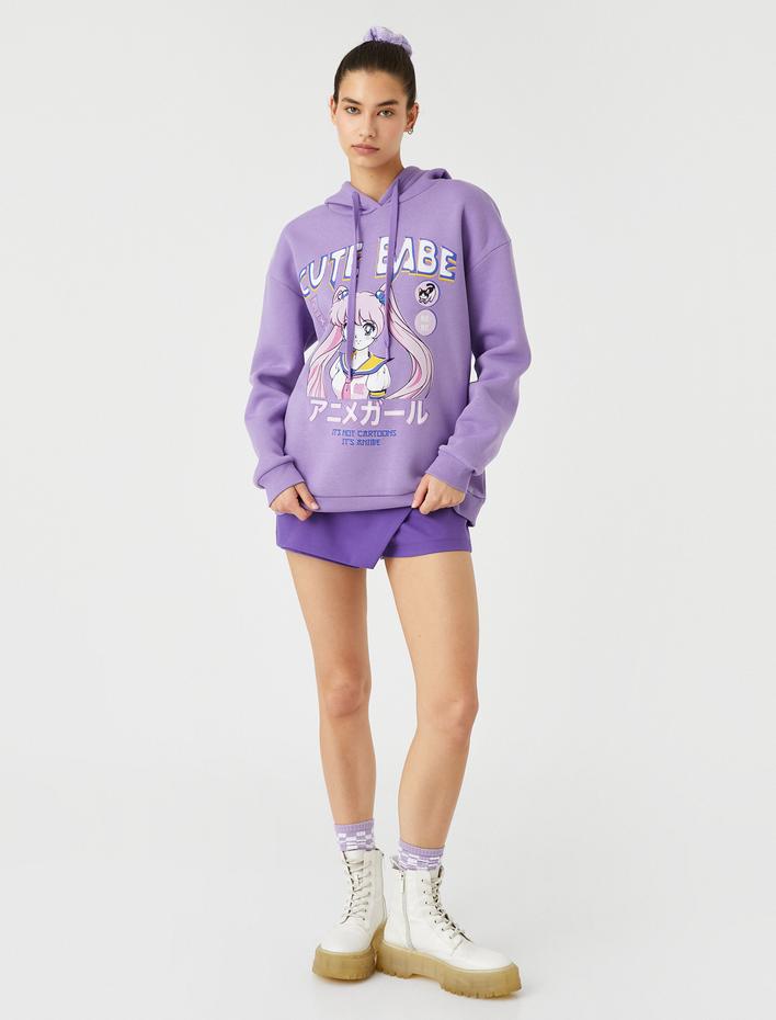  Şardonlu Anime Sweatshirt Oversize Baskılı Kapüşonlu Ribanalı