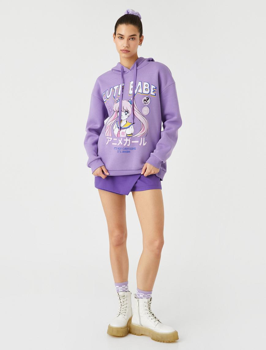   Anime Sweatshirt Oversize Baskılı Kapüşonlu Ribanalı