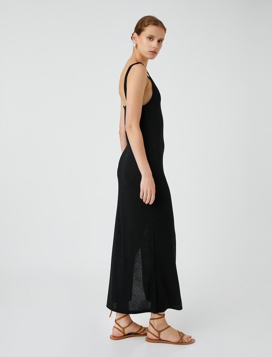   Dar Kesim Askılı Midi Elbise