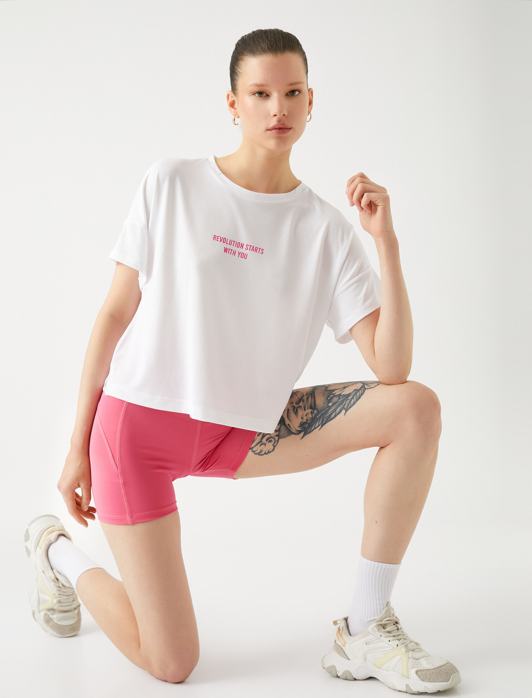   Baskılı Crop Spor Tişört Relax Fit