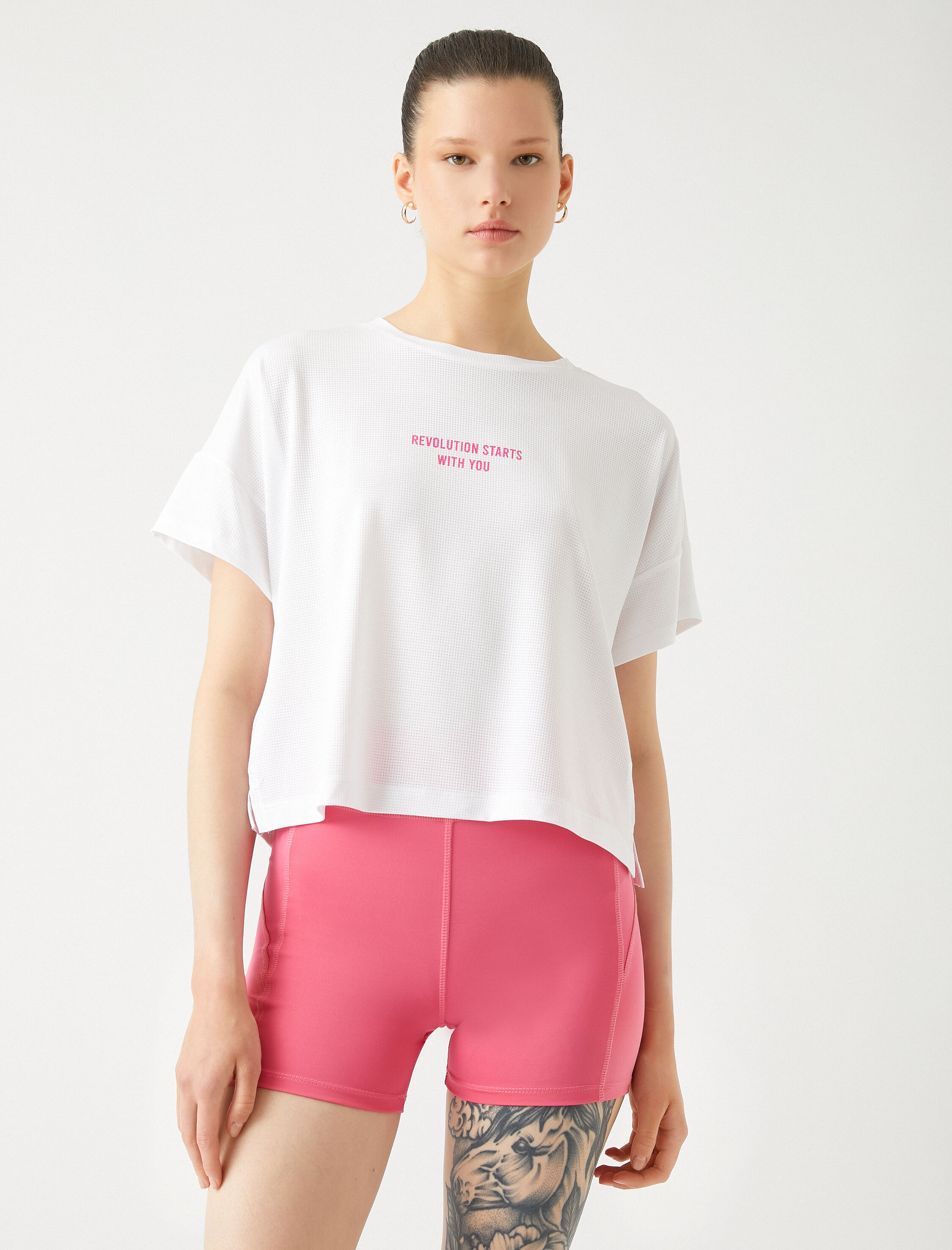   Baskılı Crop Spor Tişört Relax Fit