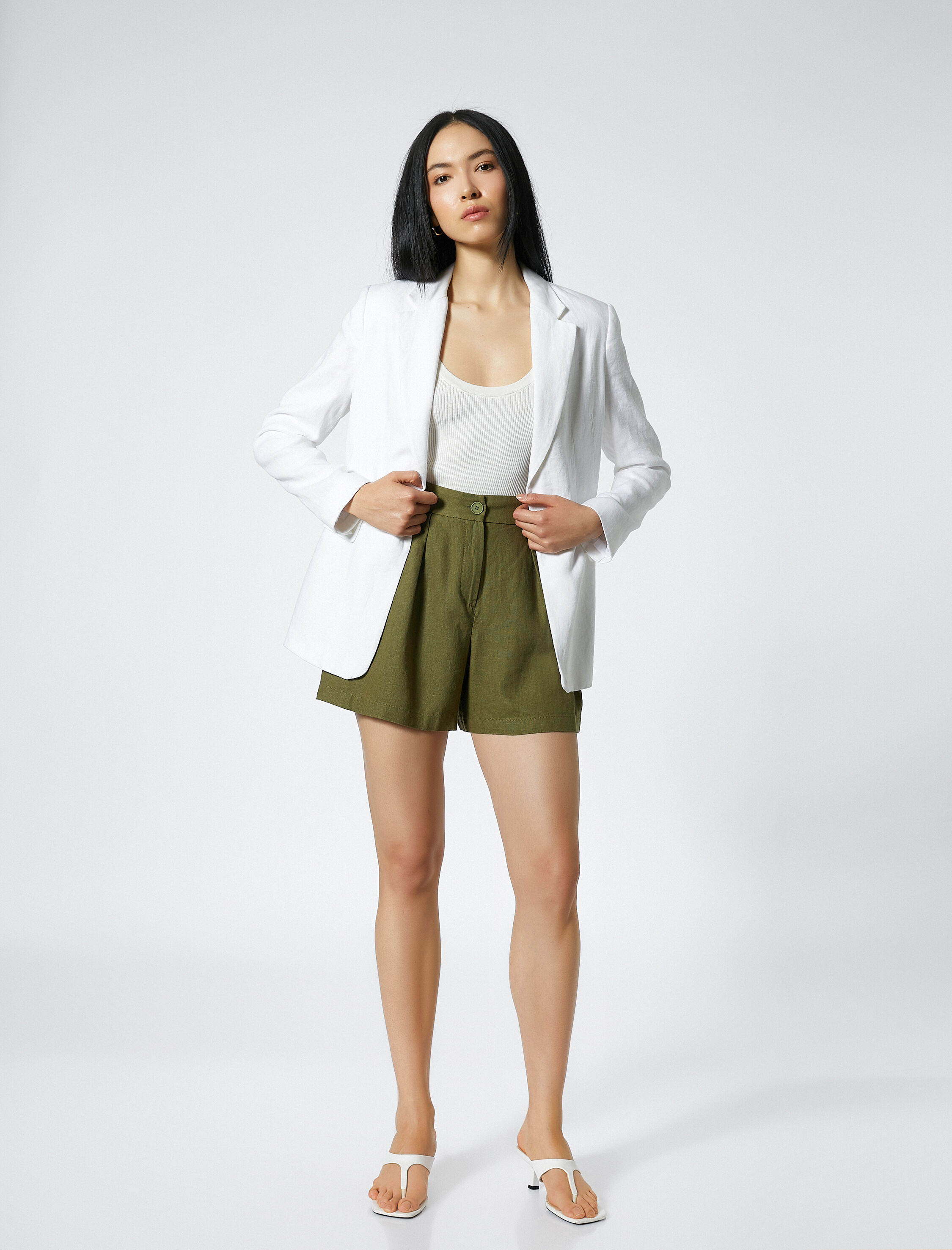   Keten Karışımlı Şort Bol Kesim Pileli