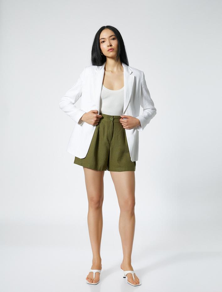  Keten Karışımlı Şort Bol Kesim Pileli