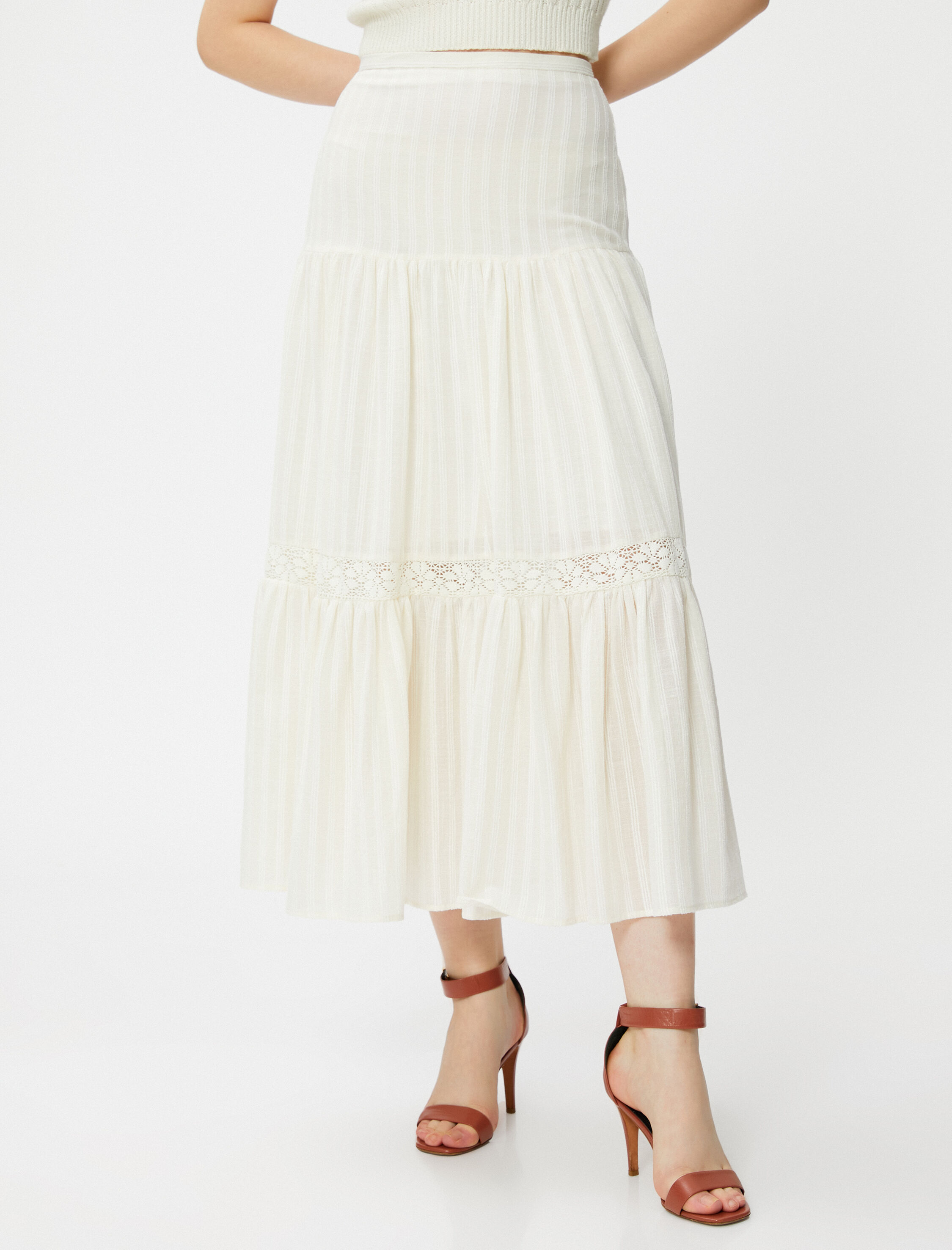   Katlı Midi Etek Dantel Şerit Detaylı