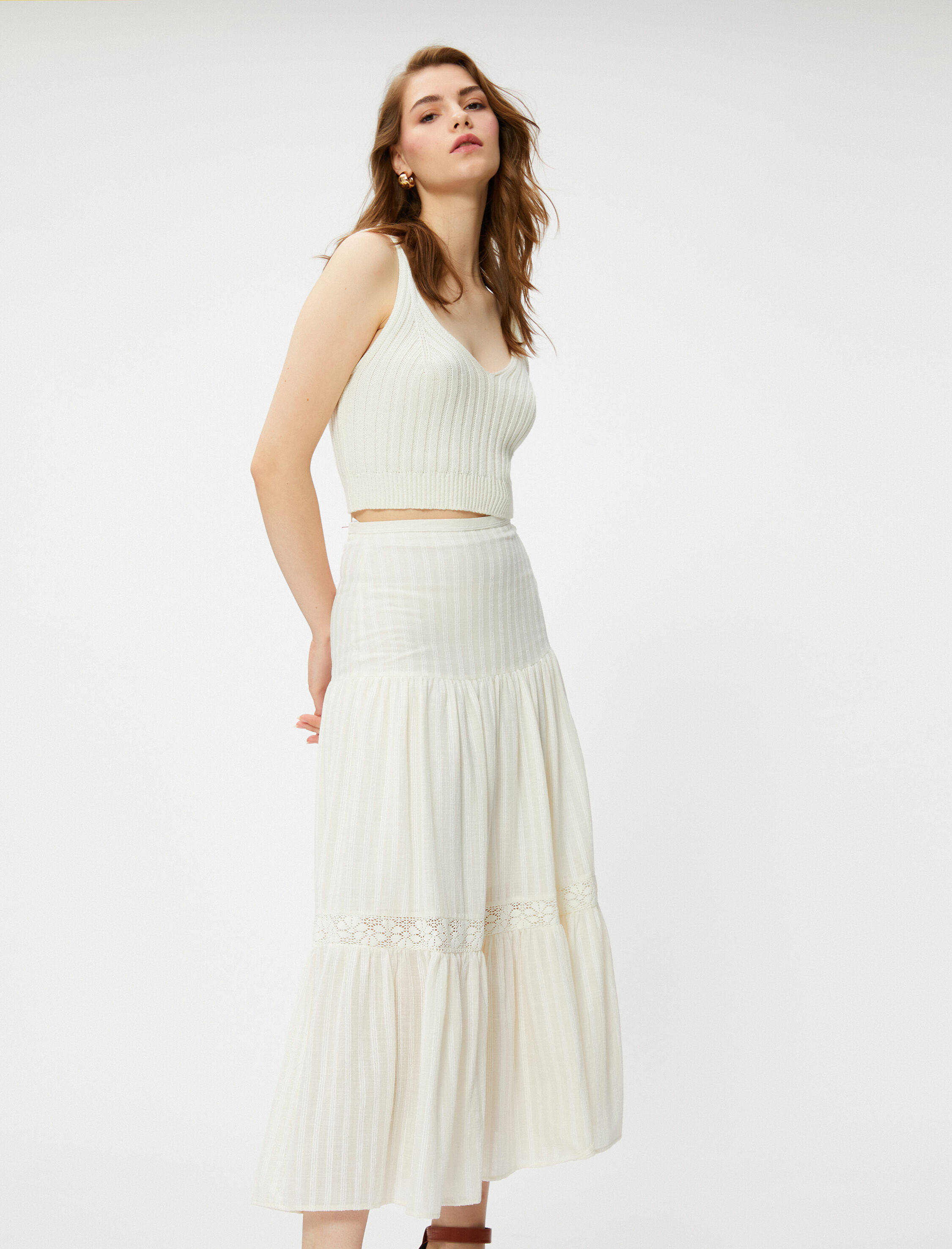   Katlı Midi Etek Dantel Şerit Detaylı