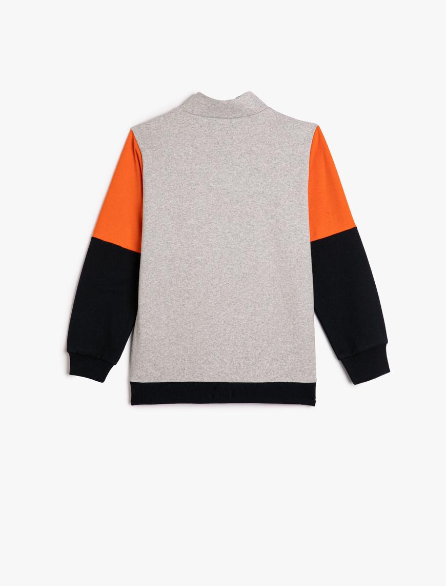  Erkek Çocuk Sweatshirt Yarım Fermuarlı Dik Yaka Renk Bloklu Baskılı