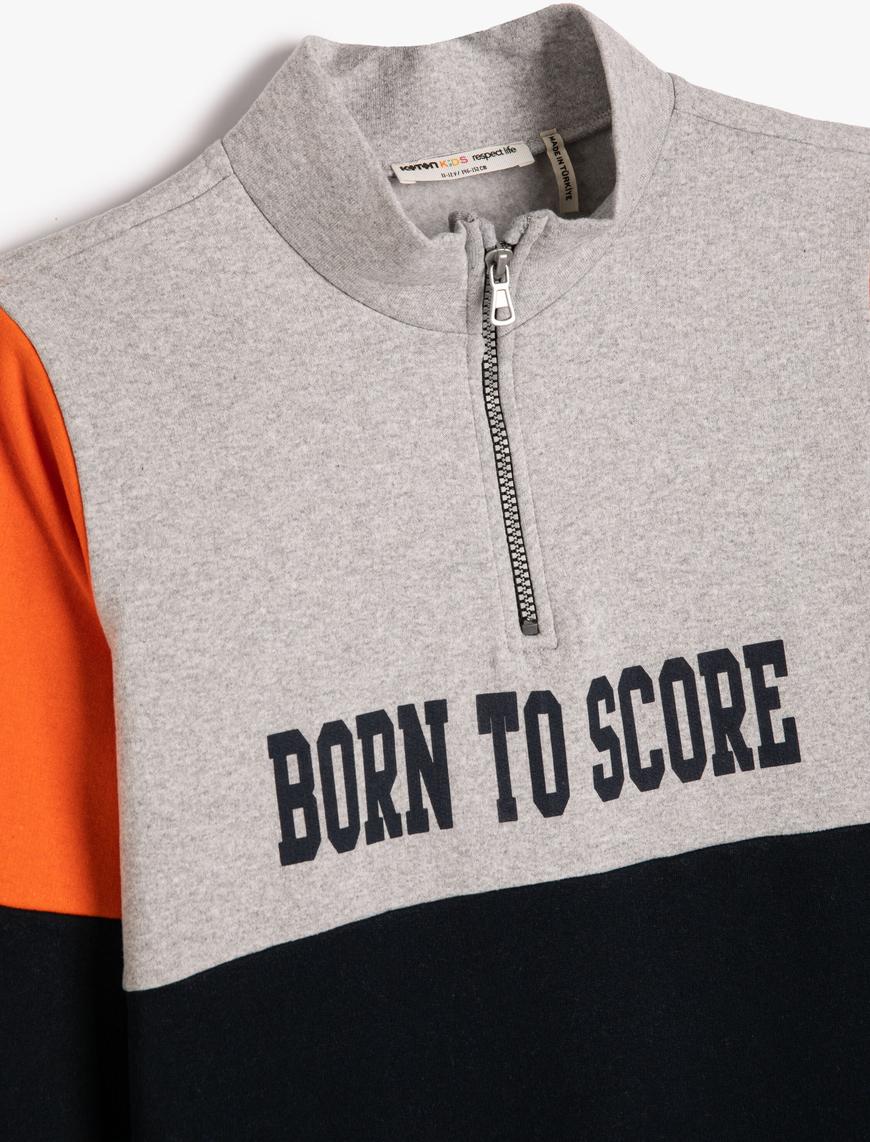  Erkek Çocuk Sweatshirt Yarım Fermuarlı Dik Yaka Renk Bloklu Baskılı
