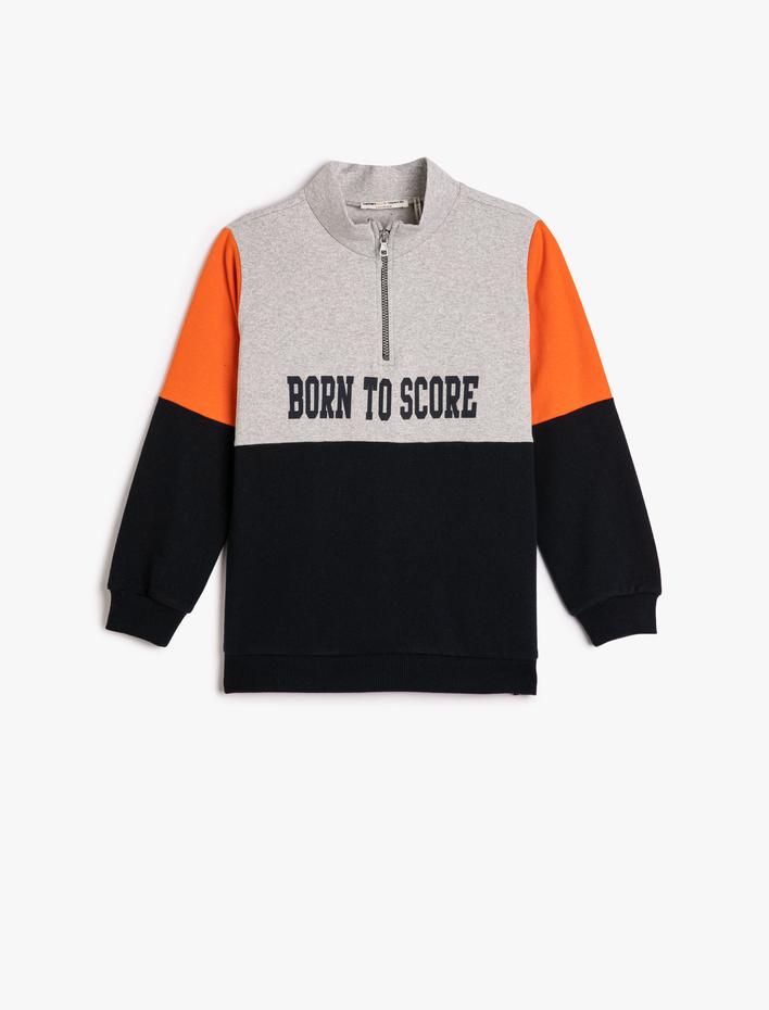Erkek Çocuk Sweatshirt Yarım Fermuarlı Dik Yaka Renk Bloklu Baskılı