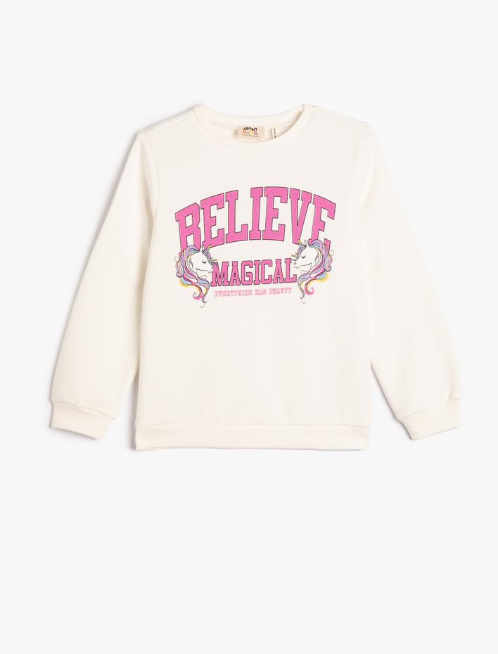 Kız Çocuk Unicorn Sweatshirt Uzun Kollu Bisiklet Yaka Baskılı