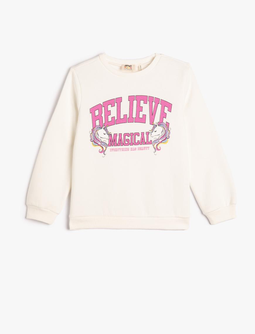  Kız Çocuk Unicorn Sweatshirt Uzun Kollu Bisiklet Yaka Baskılı