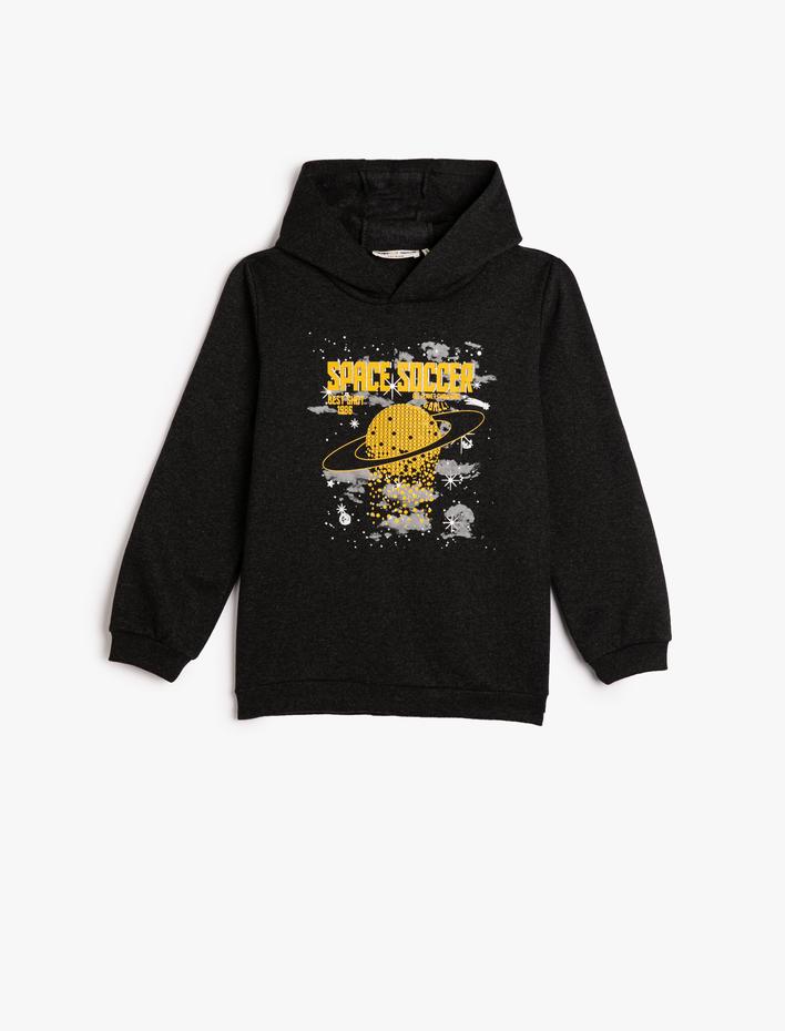 Erkek Çocuk Kapşonlu Sweatshirt Uzun Kollu Şardonlu Uzay Temalı Baskılı