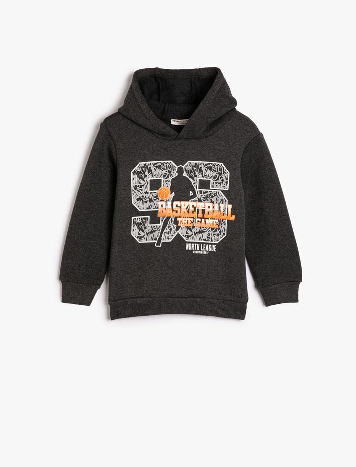Erkek Çocuk Kapşonlu Sweatshirt Uzun Kollu Şardonlu Basketbol Temalı Baskılı