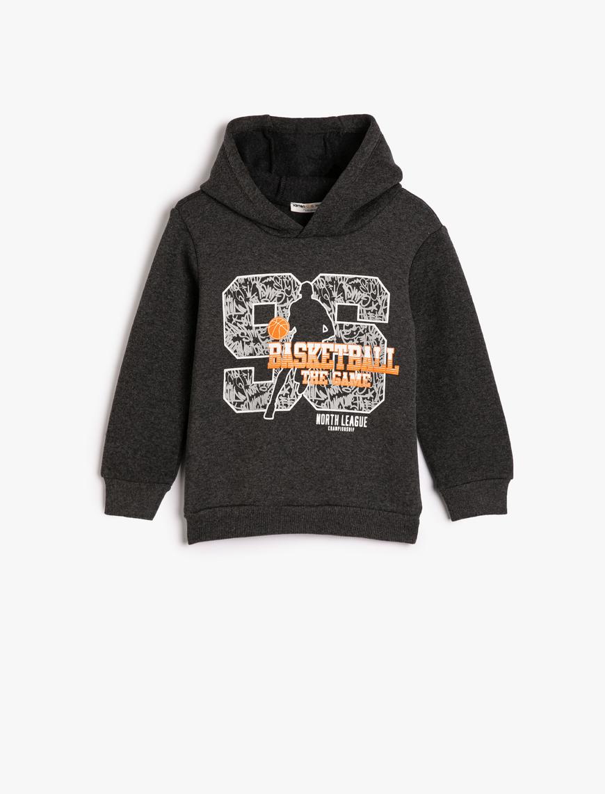  Erkek Çocuk Kapşonlu Sweatshirt Uzun Kollu Şardonlu Basketbol Temalı Baskılı