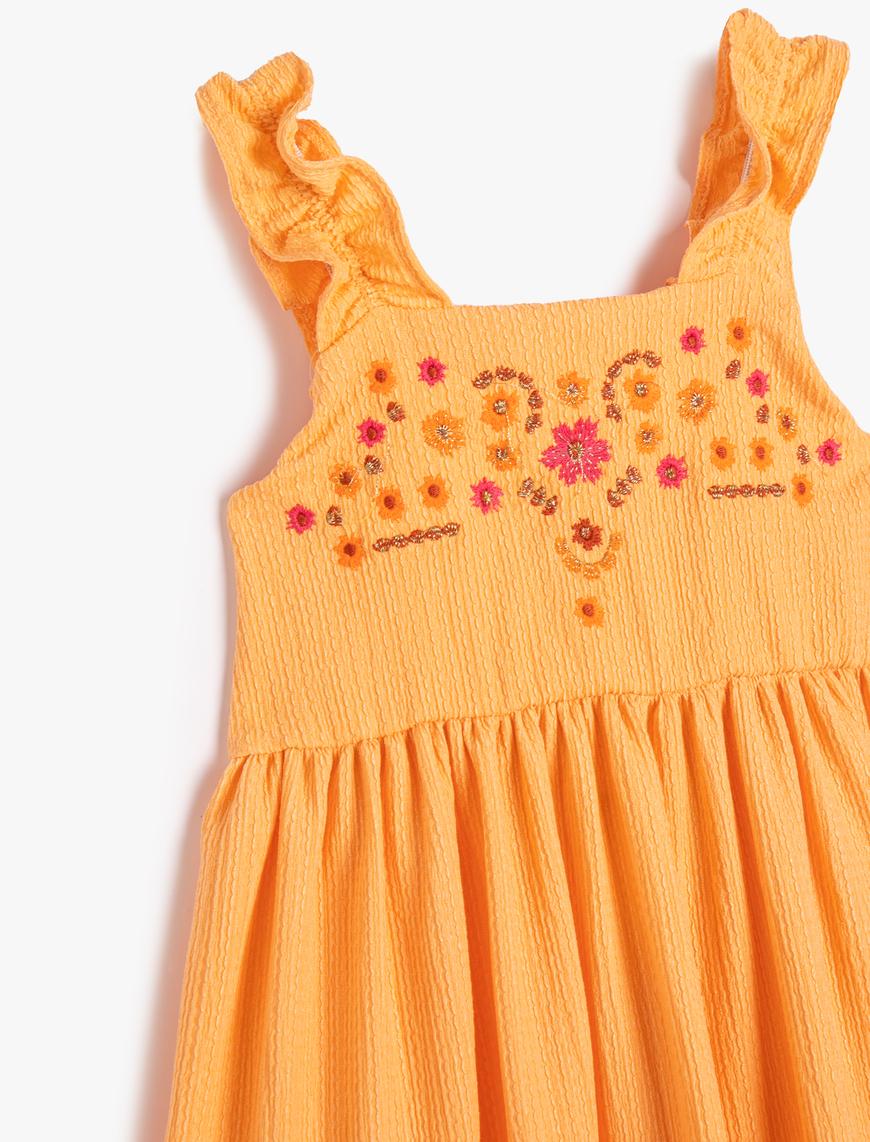  Kız Çocuk Elbise Askılı Fırfırlı Midi Boy Çiçek İşlemeli