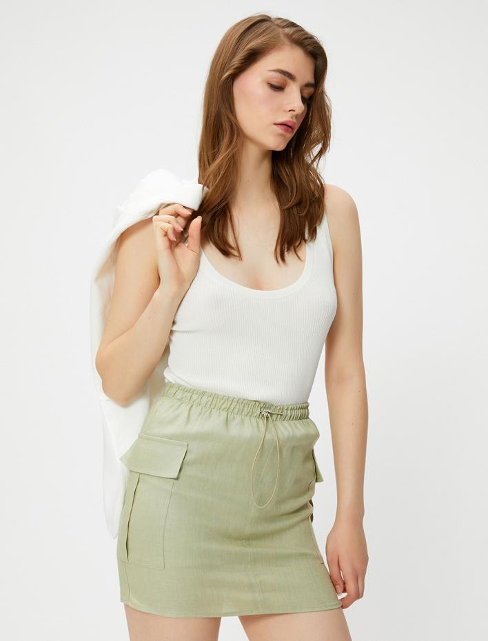  Kargo Mini Etek Keten Karışımlı Cepli Beli Lastikli