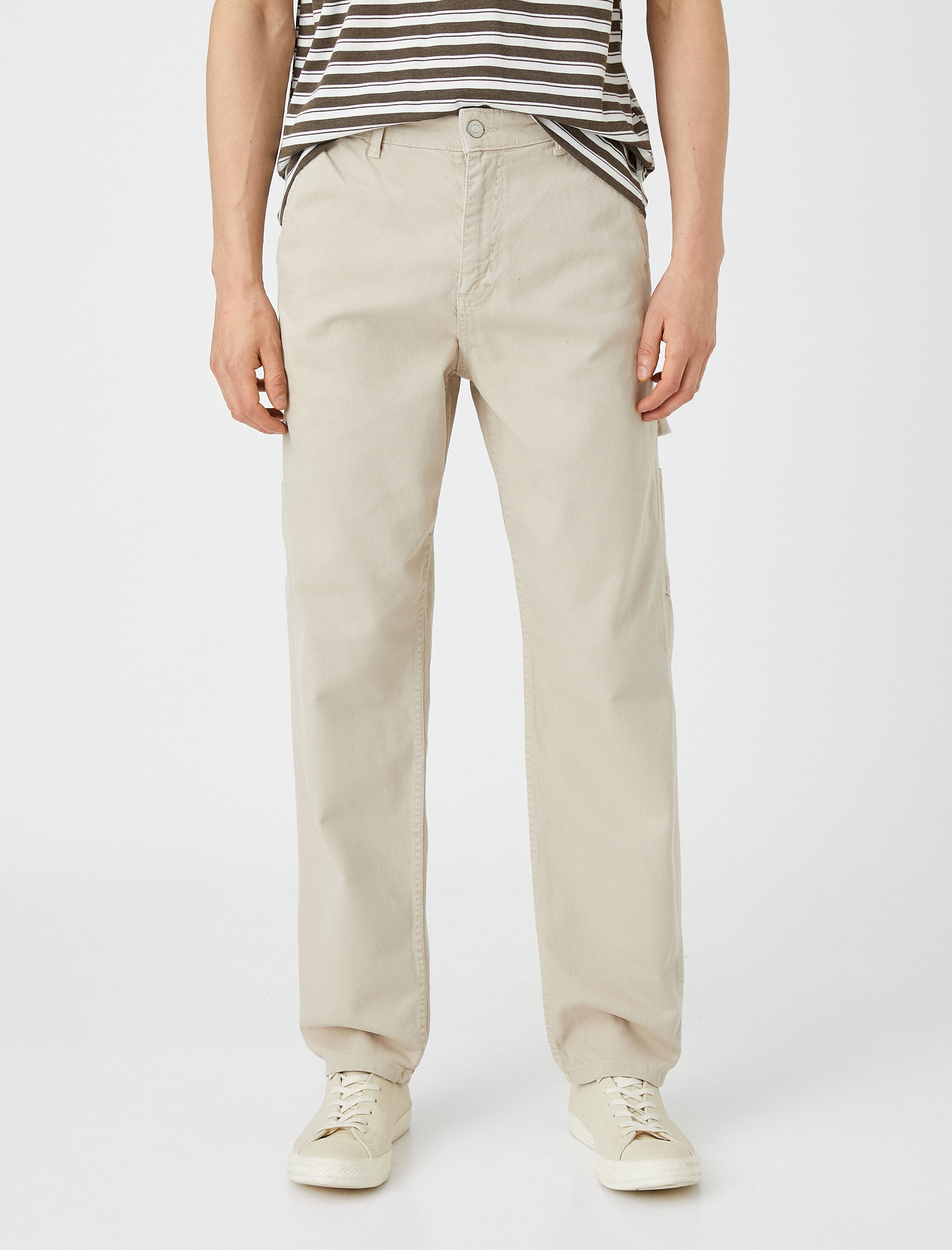   Kanvas Pantolon Bol Kesim Cep Detaylı Düğmeli Pamuklu