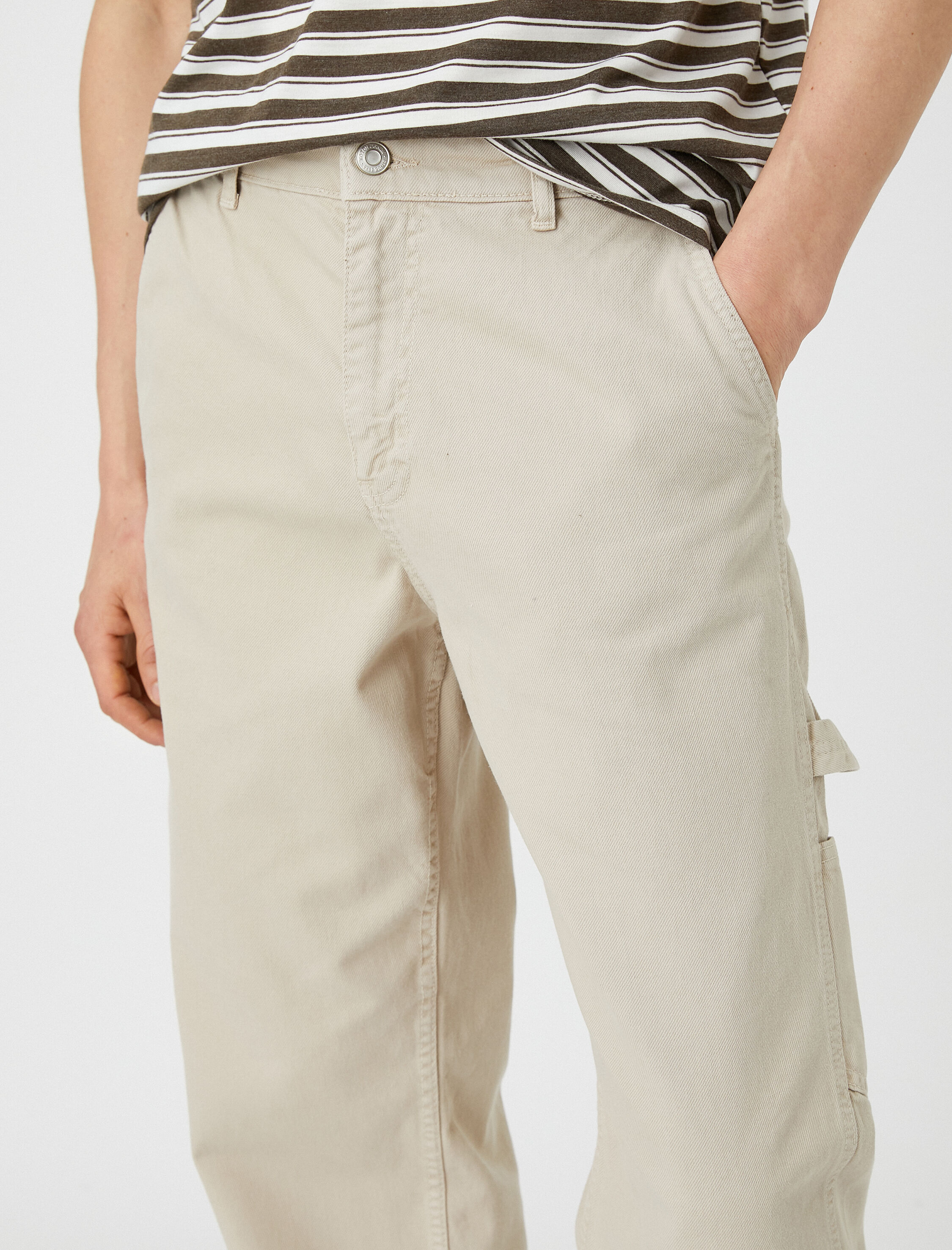   Kanvas Pantolon Bol Kesim Cep Detaylı Düğmeli Pamuklu