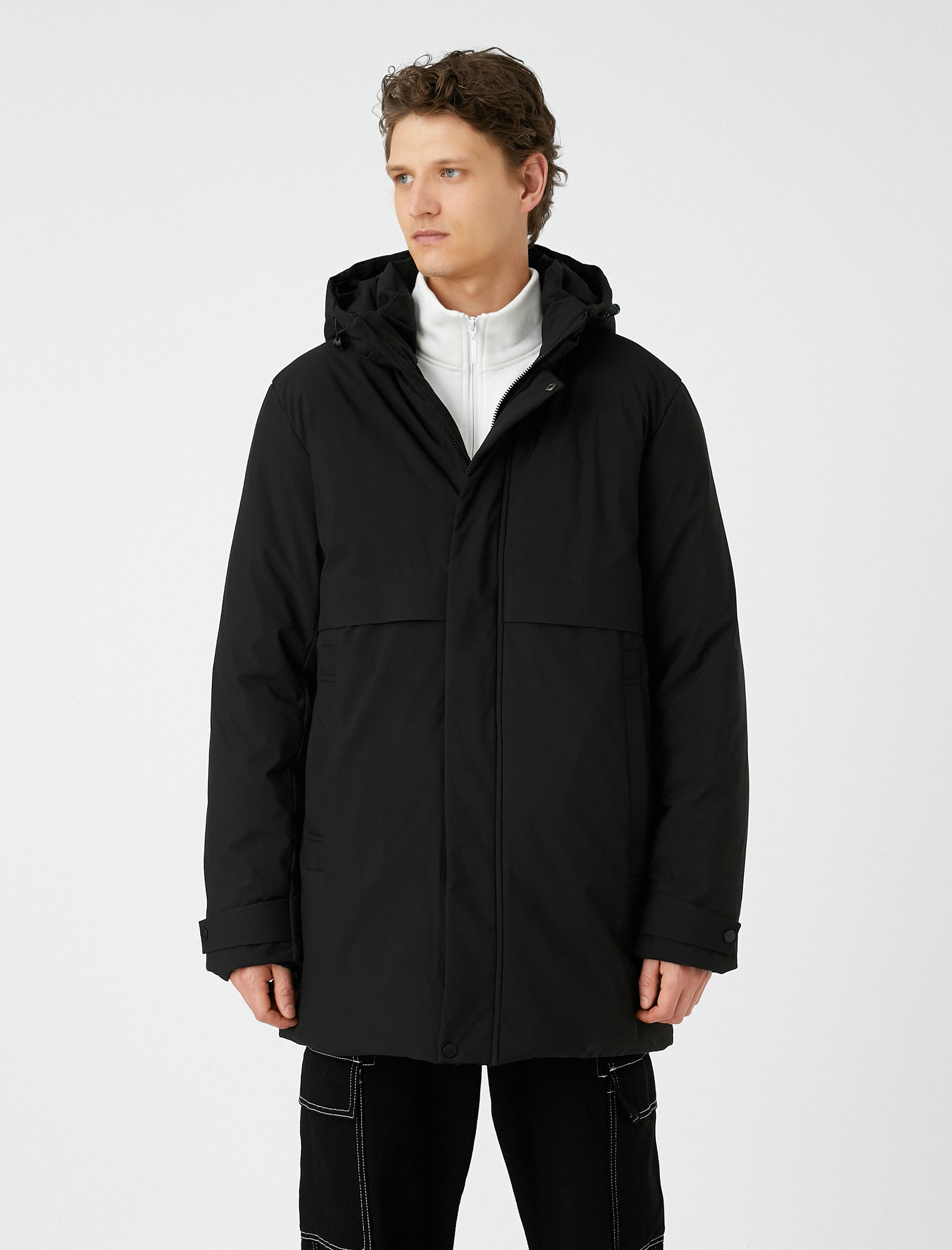   Çıkarılabilir Kapüşonlu Uzun Anorak Mont Fermuarlı Baskı Detaylı