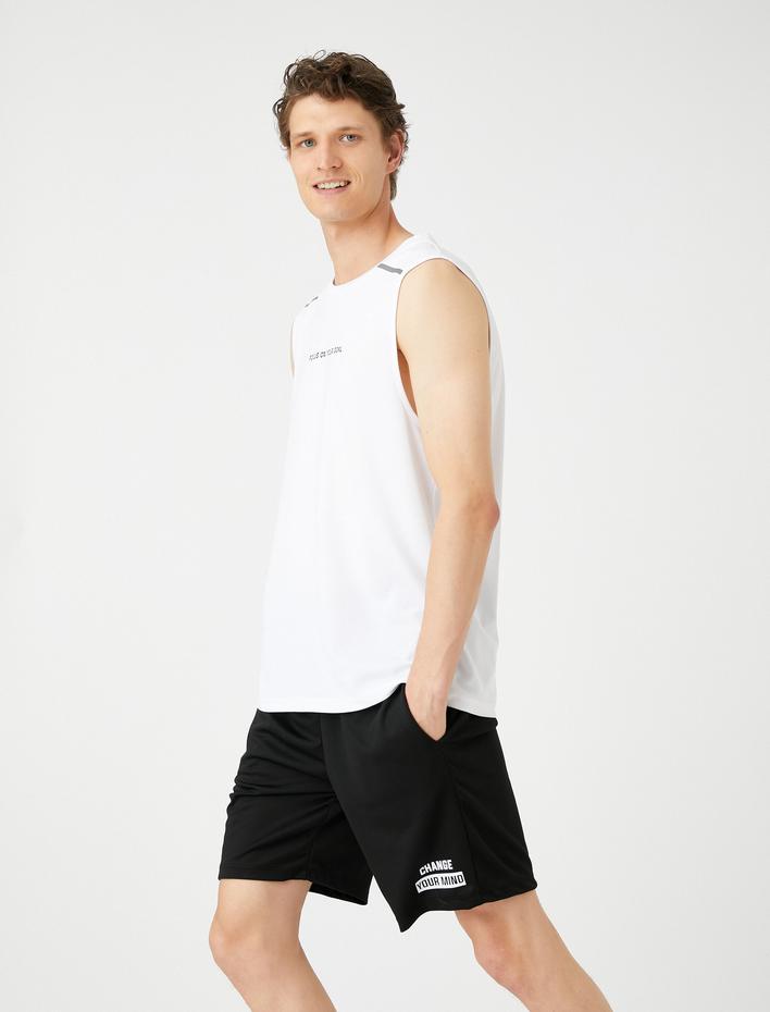  Spor Şort Beli Bağcıklı Slogan Baskılı Cep Detaylı