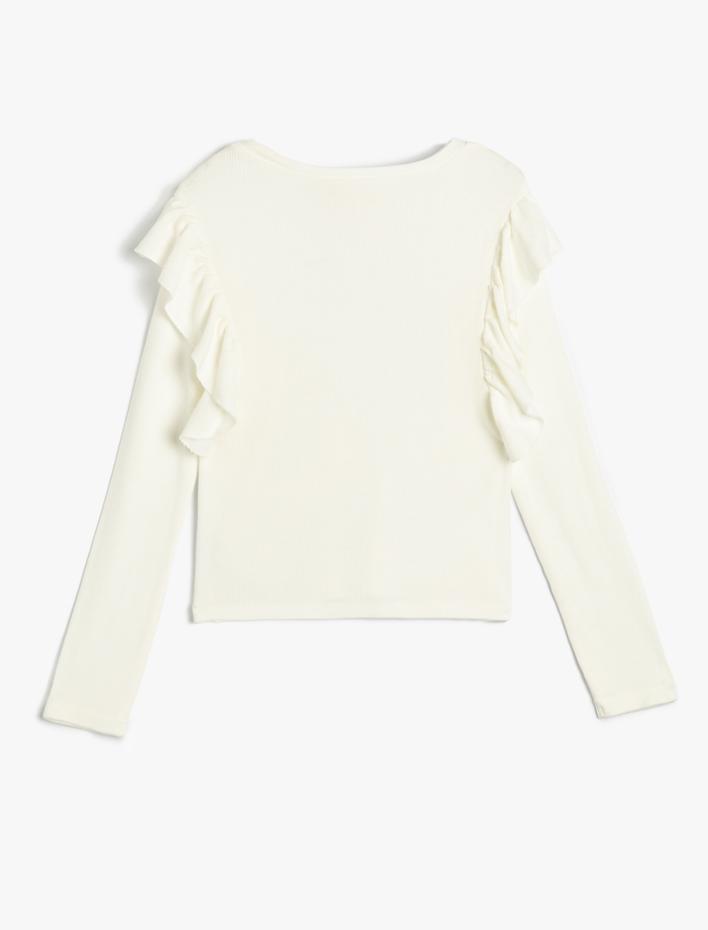 Kız Çocuk Tişört Uzun Kollu Bisiklet Yaka Fitilli Fırfırlı Pamuklu