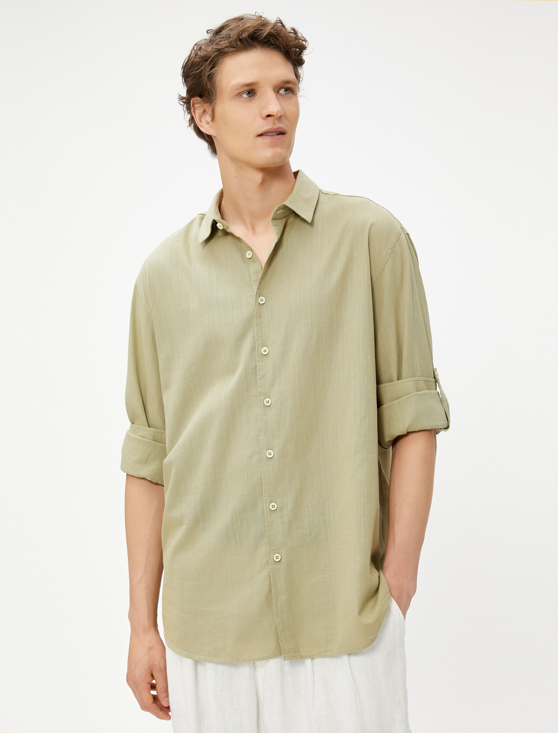   Klasik Yaka Gömlek Düğmeli Uzun Kollu Pamuklu