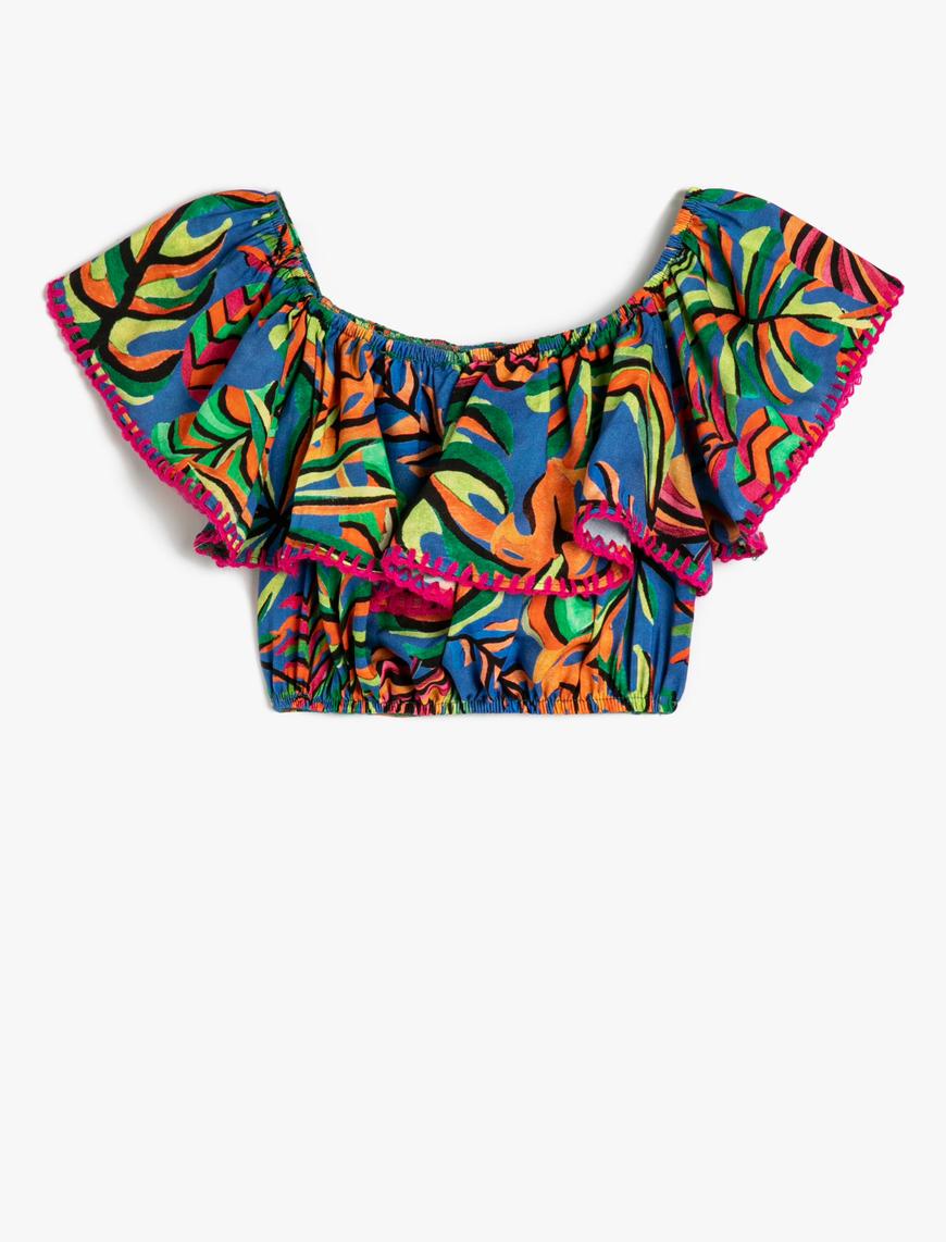  Kız Çocuk Crop Bluz Kolsuz Açık Omuz Fırfırlı Floral Desenli