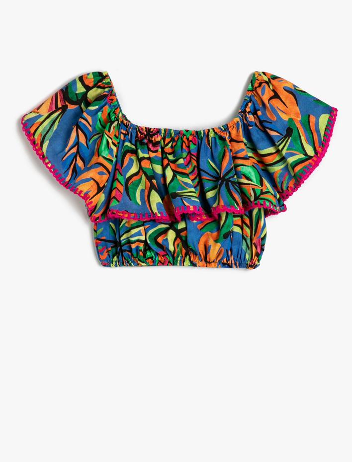 Kız Çocuk Crop Bluz Kolsuz Açık Omuz Fırfırlı Floral Desenli
