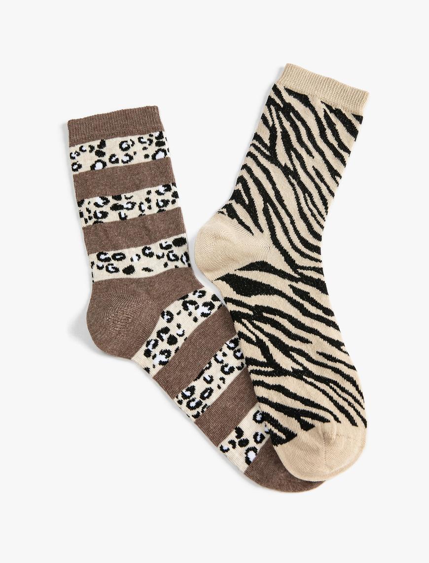  Kadın Zebra Desenli 2'li Soket Çorap Seti Çok Renkli