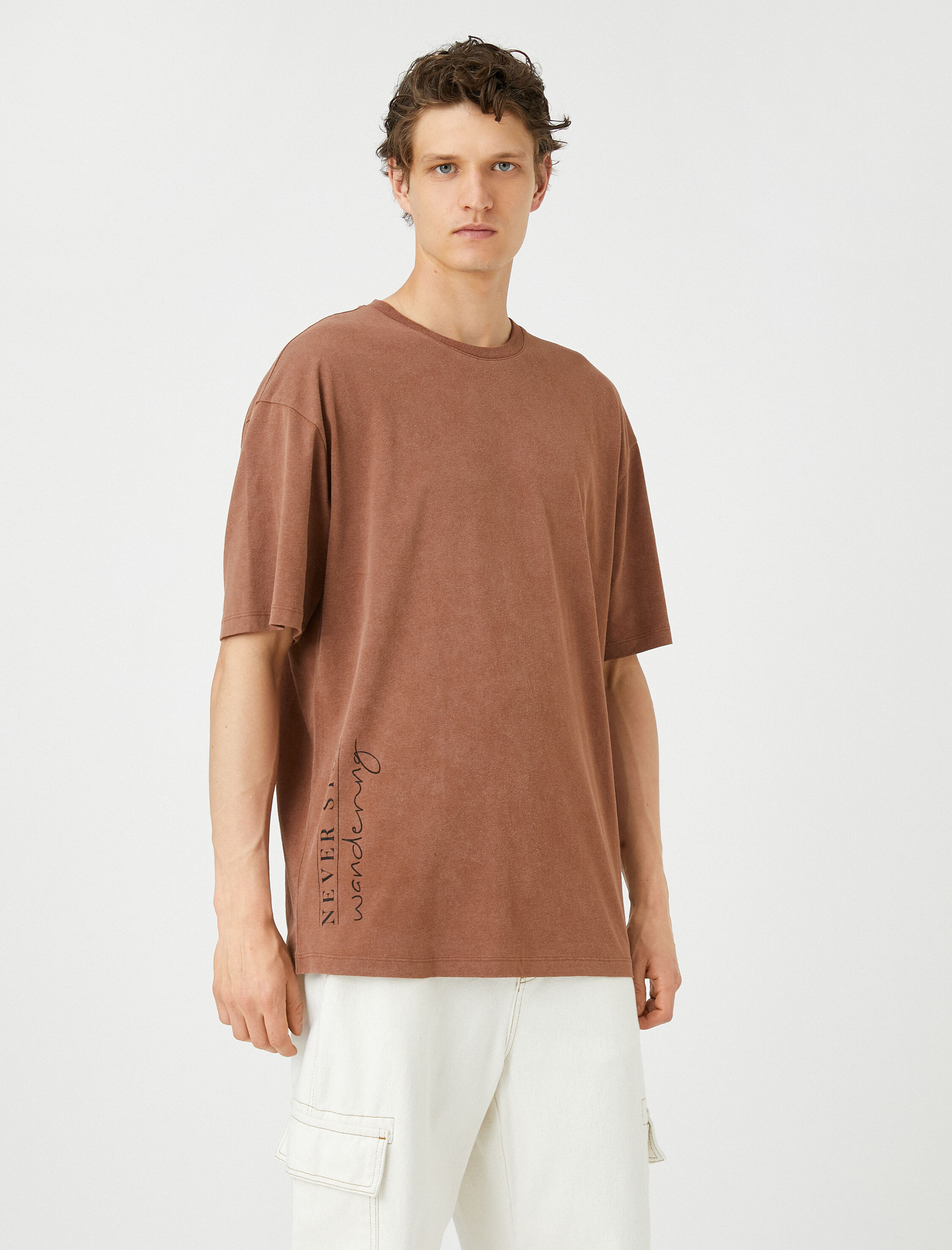   Oversize Tişört Slogan Baskılı Bisiklet Yaka Pamuklu