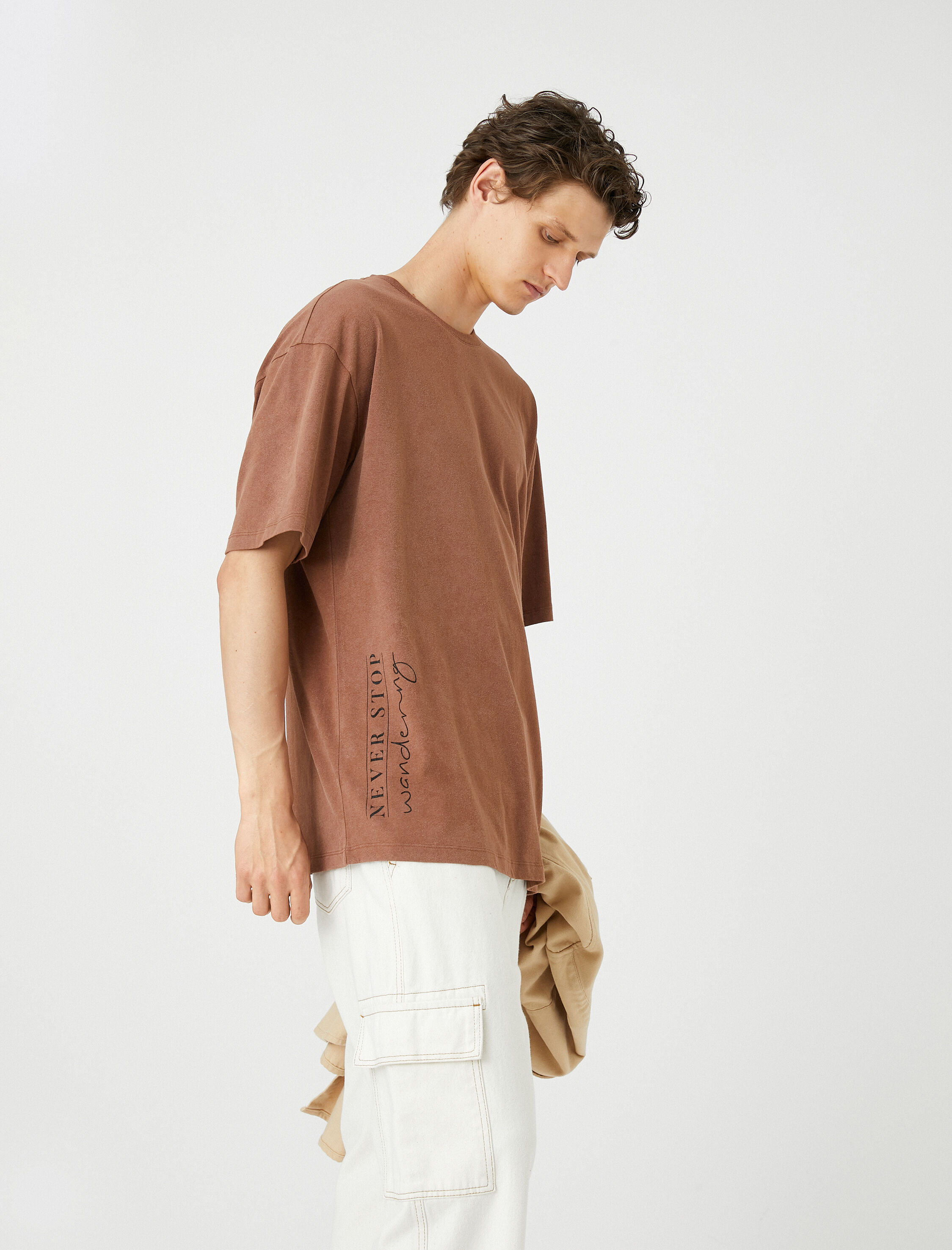   Oversize Tişört Slogan Baskılı Bisiklet Yaka Pamuklu