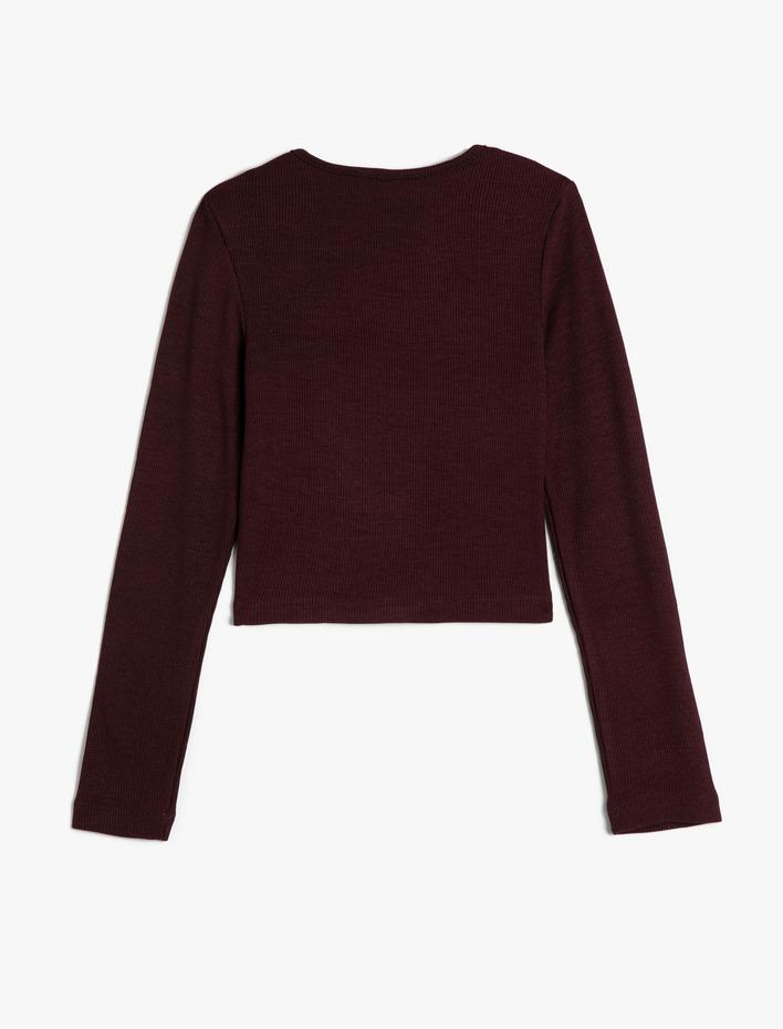 Kız Çocuk Basic Tişört Pencere Detaylı Uzun Kollu Bisiklet Yaka Fitilli Pamuklu