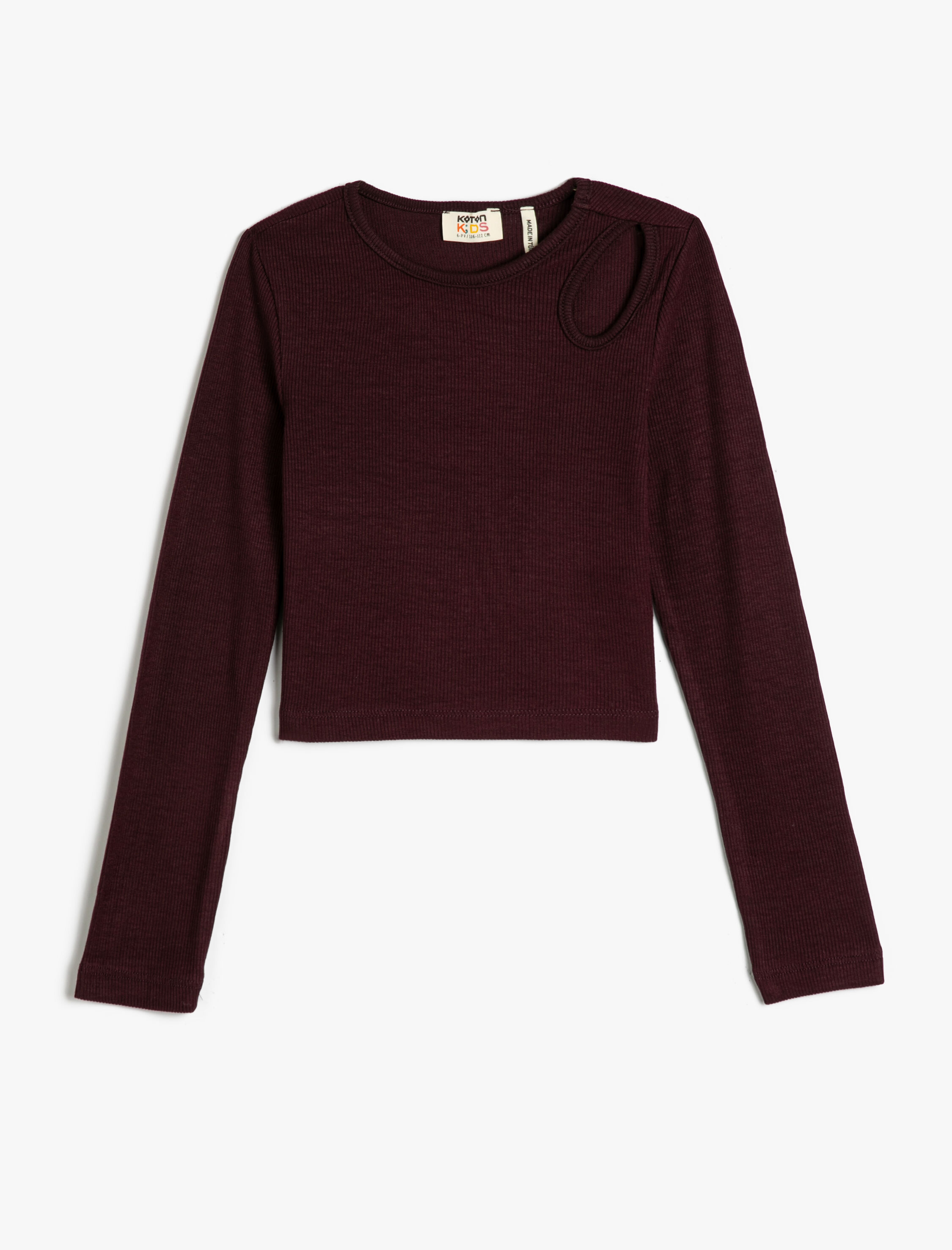  Kız Çocuk Basic Tişört Pencere Detaylı Uzun Kollu Bisiklet Yaka Fitilli Pamuklu