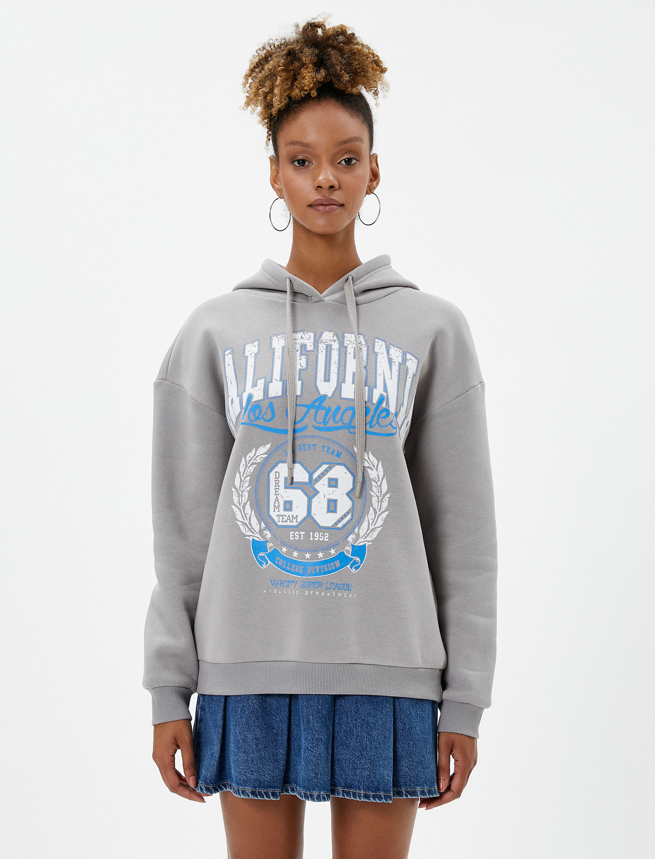   Şardonlu Kapüşonlu Oversize Sweatshirt Baskılı Uzun Kollu