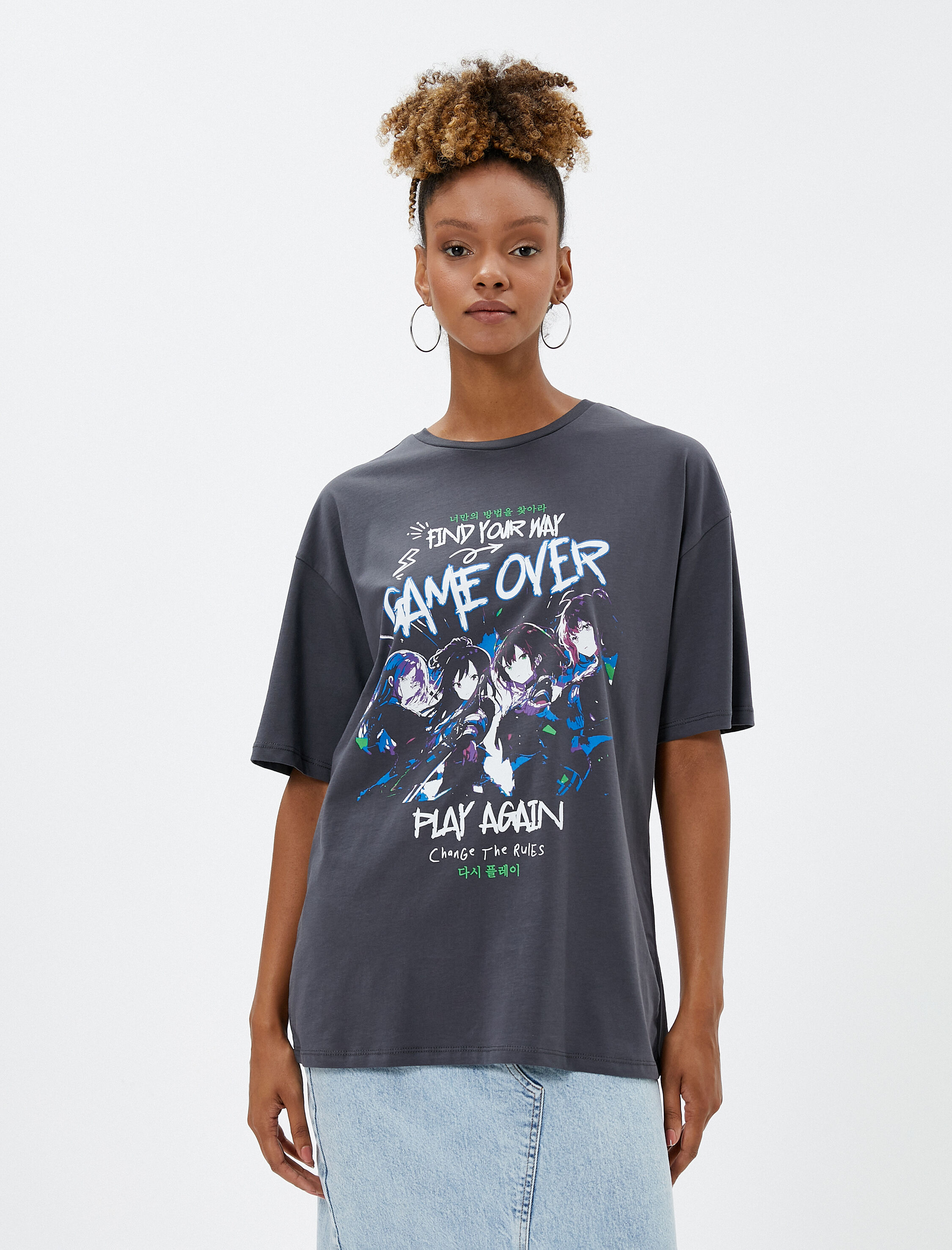   Anime Tişört Kısa Kollu Bisiklet Yaka Baskılı Pamuklu