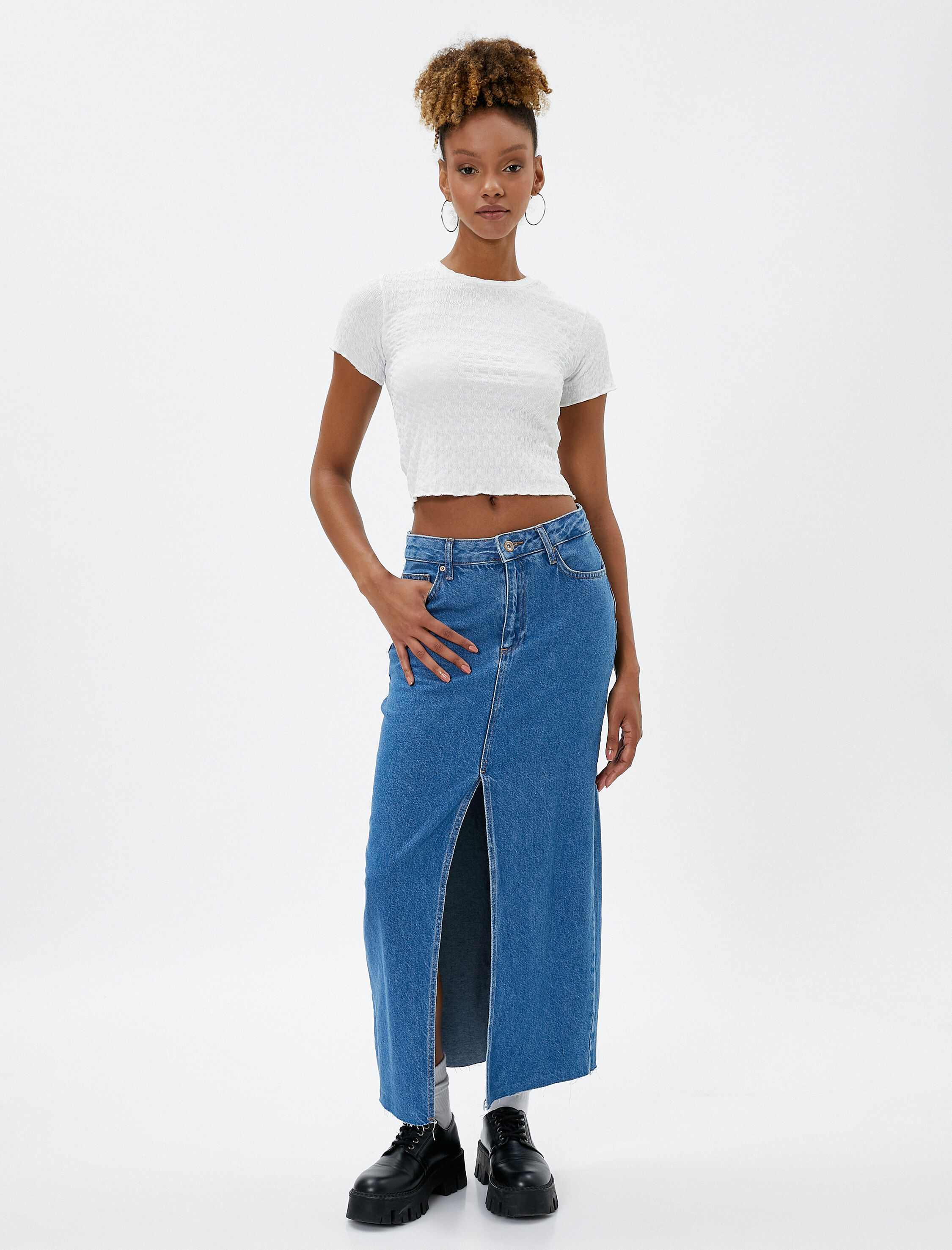   Crop Tişört Basic Dokulu Bisiklet Yaka Pamuklu Bürümcük