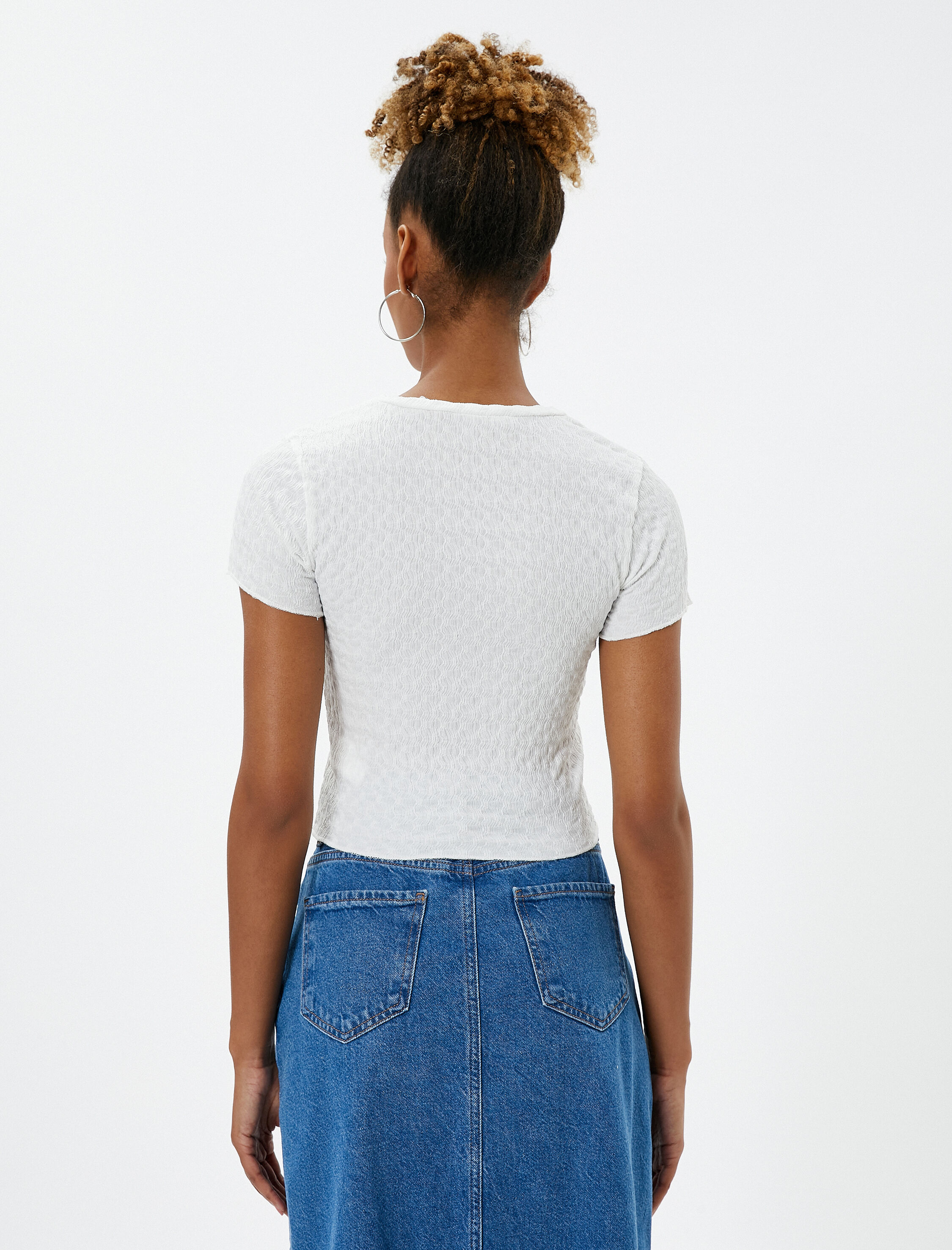   Crop Tişört Basic Dokulu Bisiklet Yaka Pamuklu Bürümcük