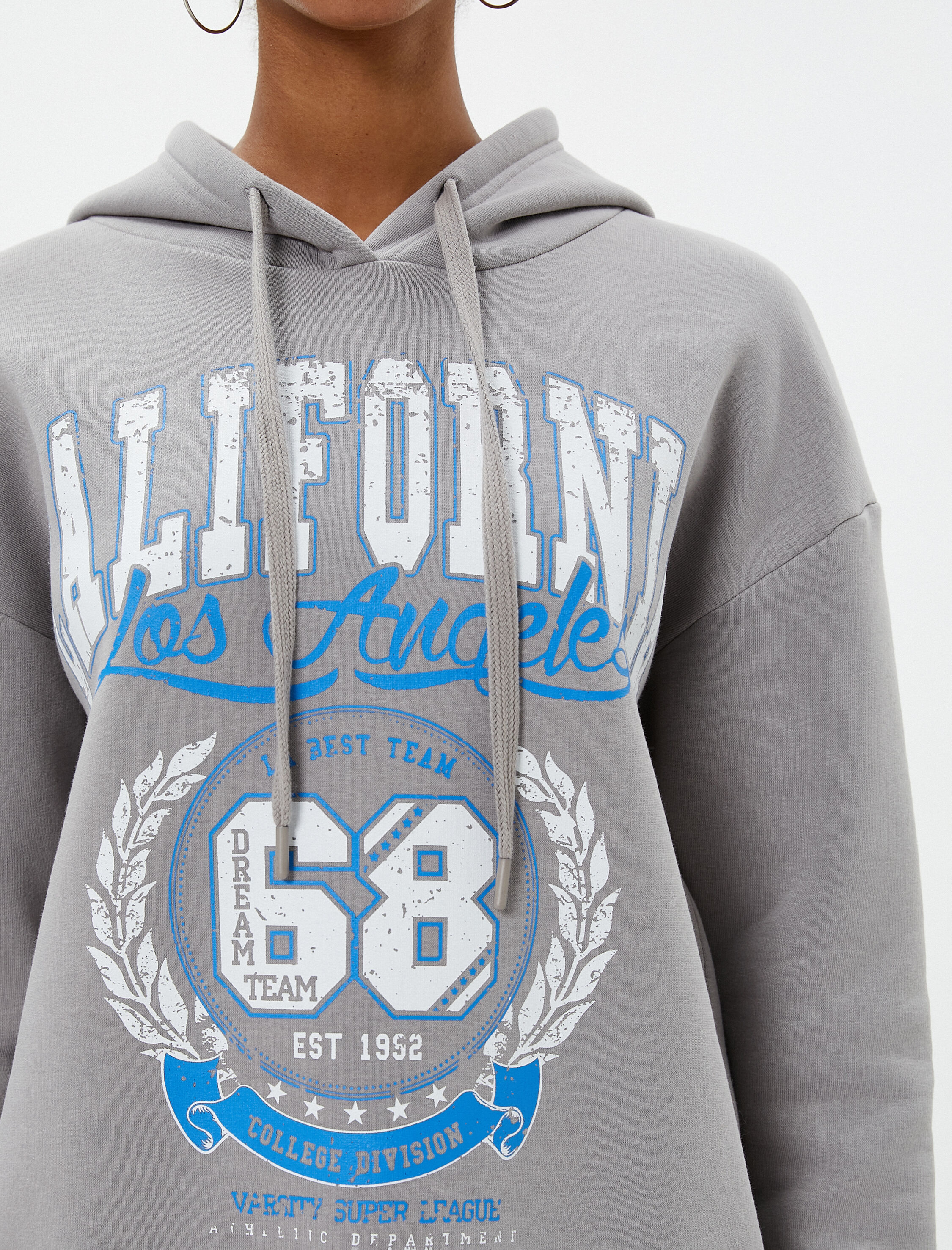   Şardonlu Kapüşonlu Oversize Sweatshirt Baskılı Uzun Kollu