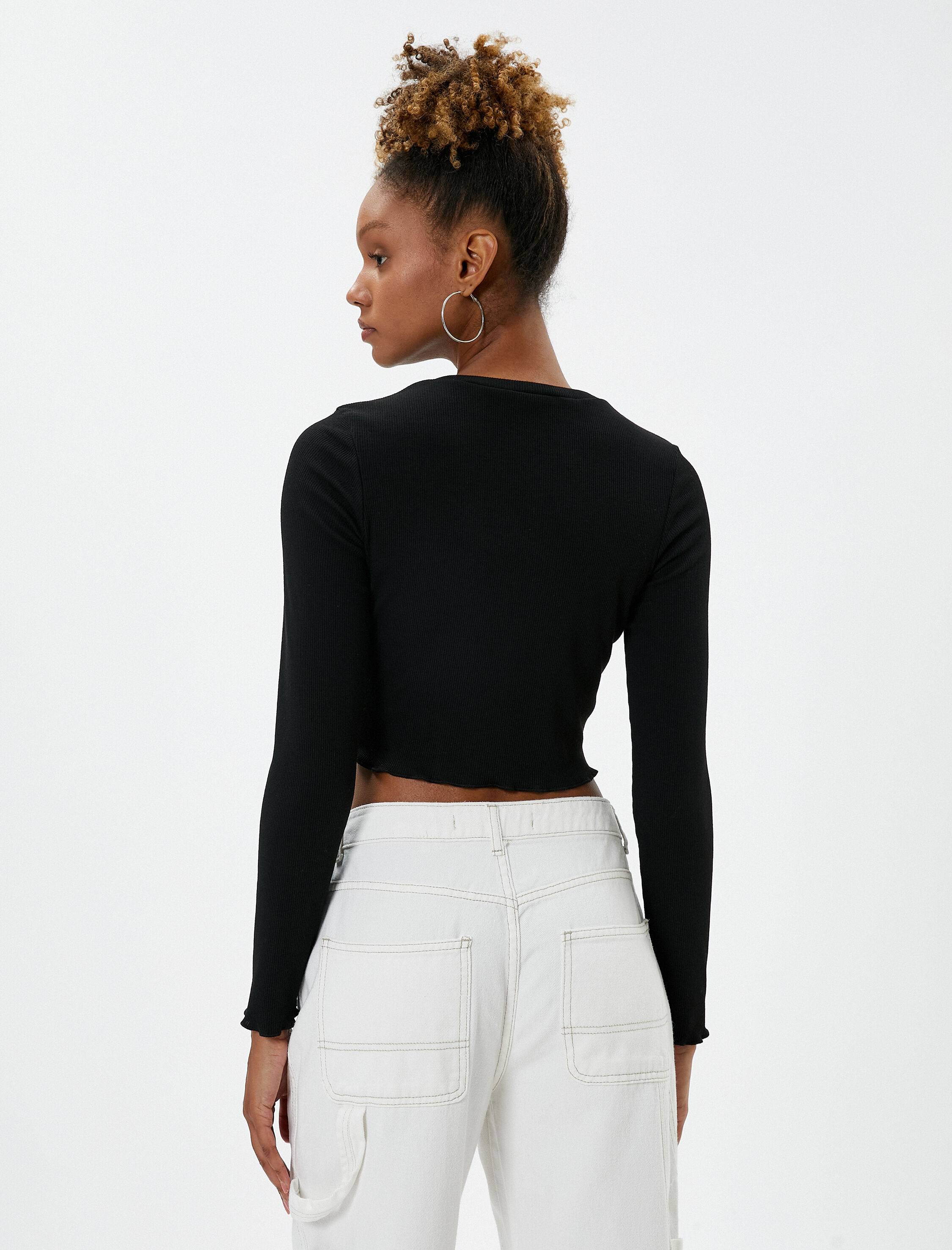   Uzun Kollu Tişört Fitilli Bisiklet Yaka Nervürlü Bürümcük