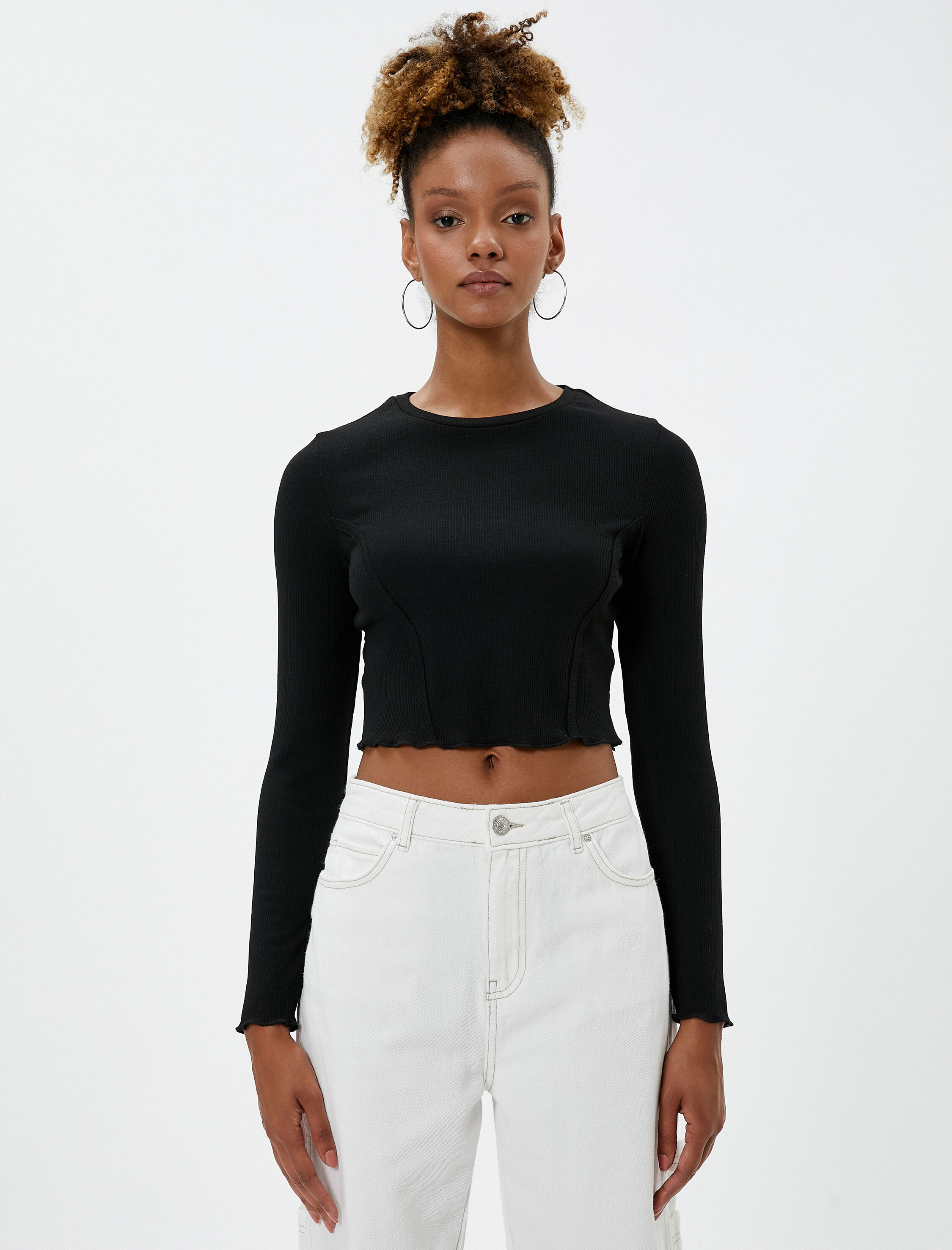   Uzun Kollu Tişört Fitilli Bisiklet Yaka Nervürlü Bürümcük