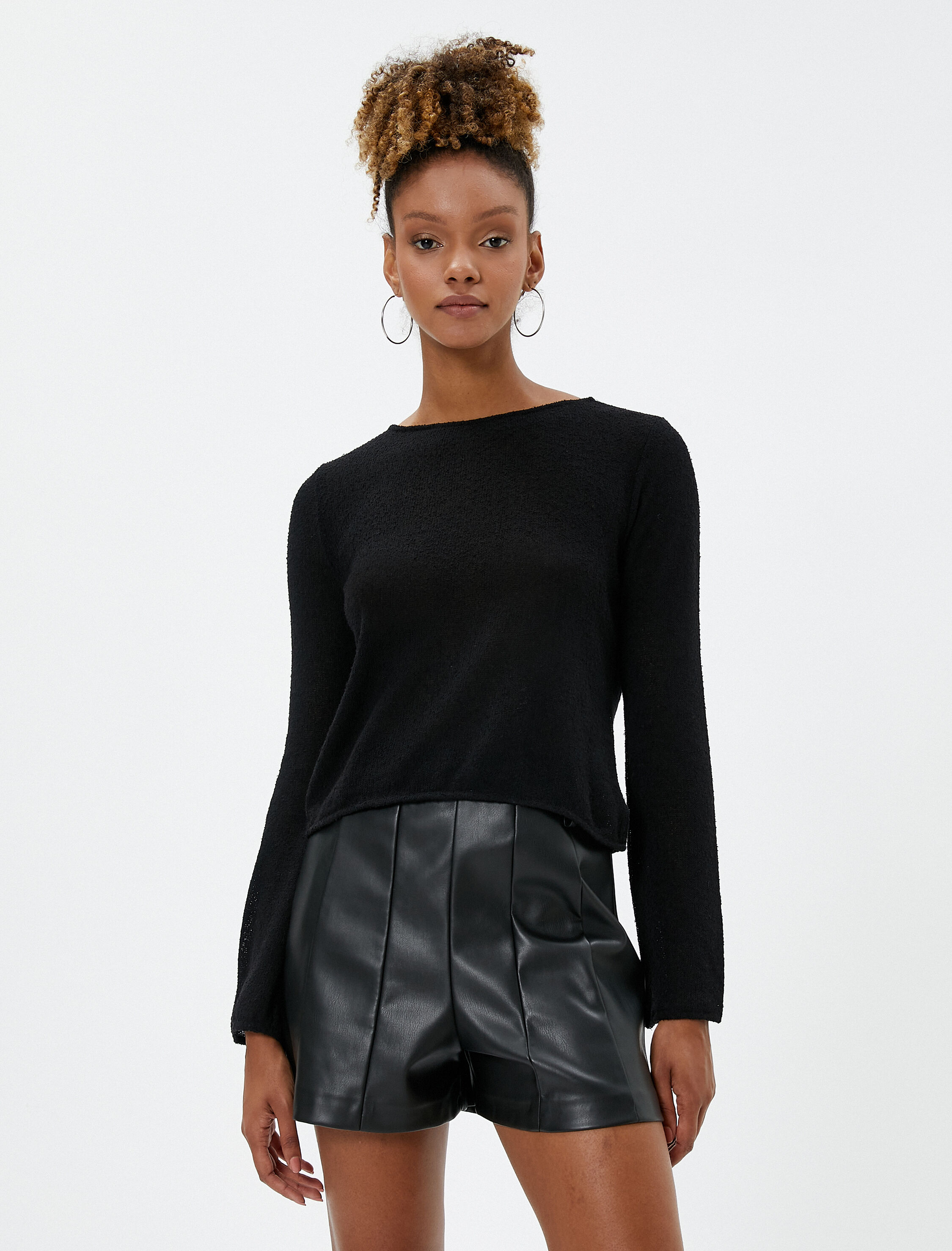   Uzun Kollu Tişört Triko Basic Bisiklet Yaka