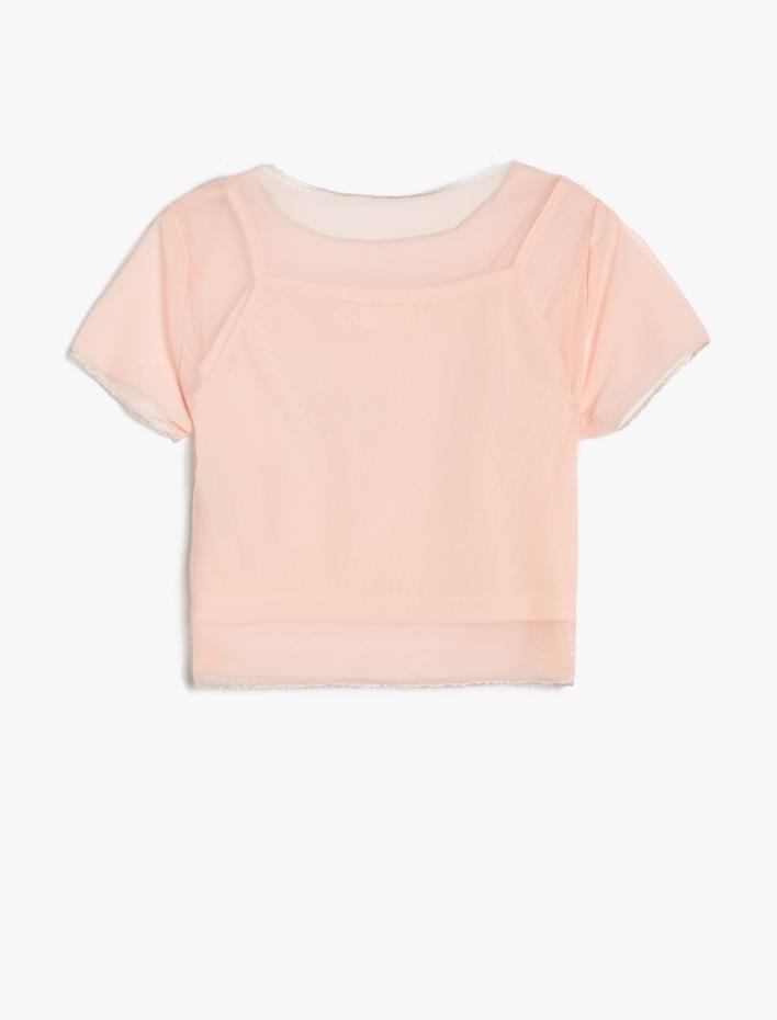 Kız Çocuk Tüllü Kelebekli Crop Tişört İçi Askılı Astarlı Kısa Kollu Yuvarlak Yaka
